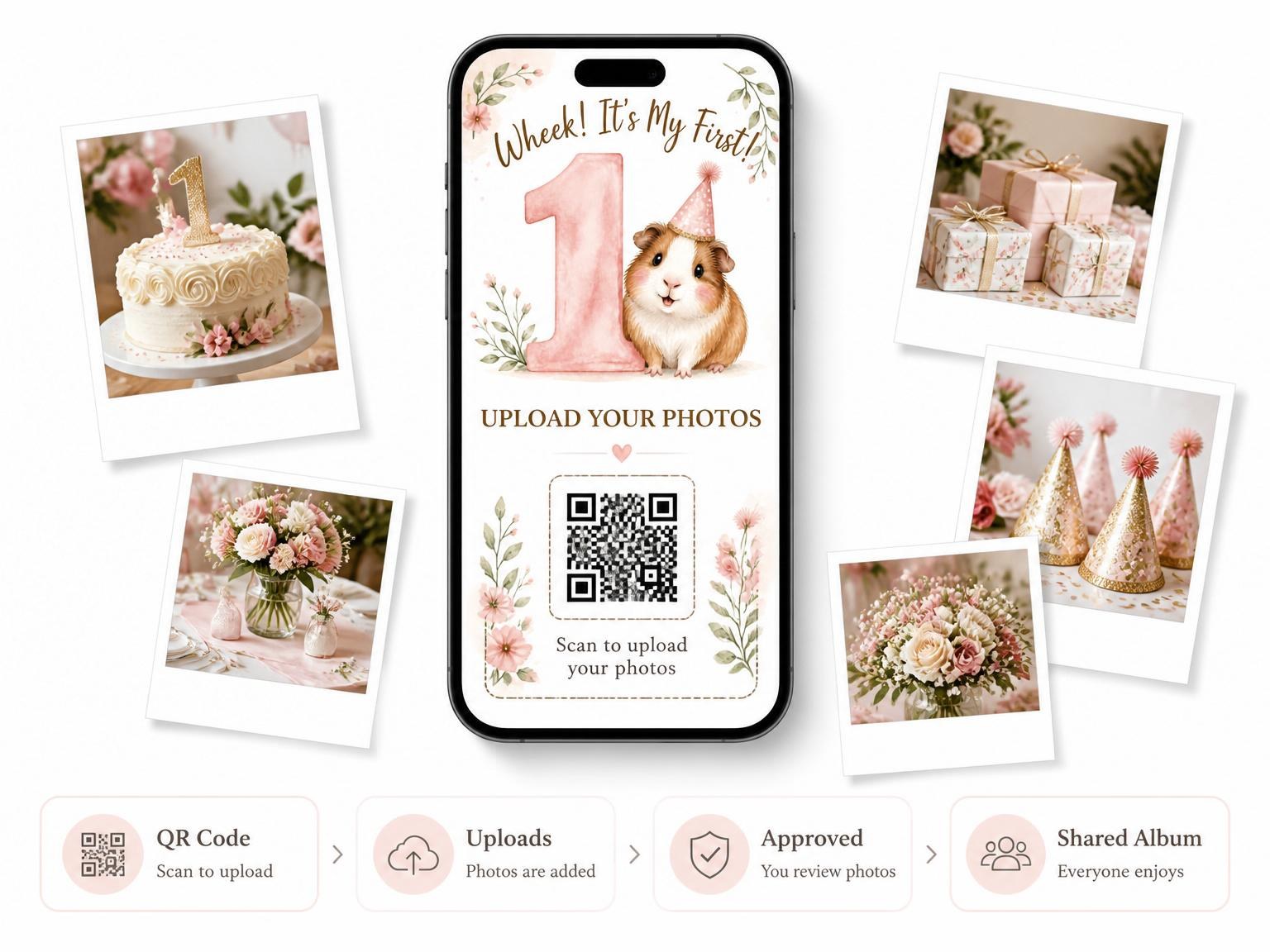 The shared photo gallery that comes with the Watercolor Guinea Pig 1st Birthday invitation