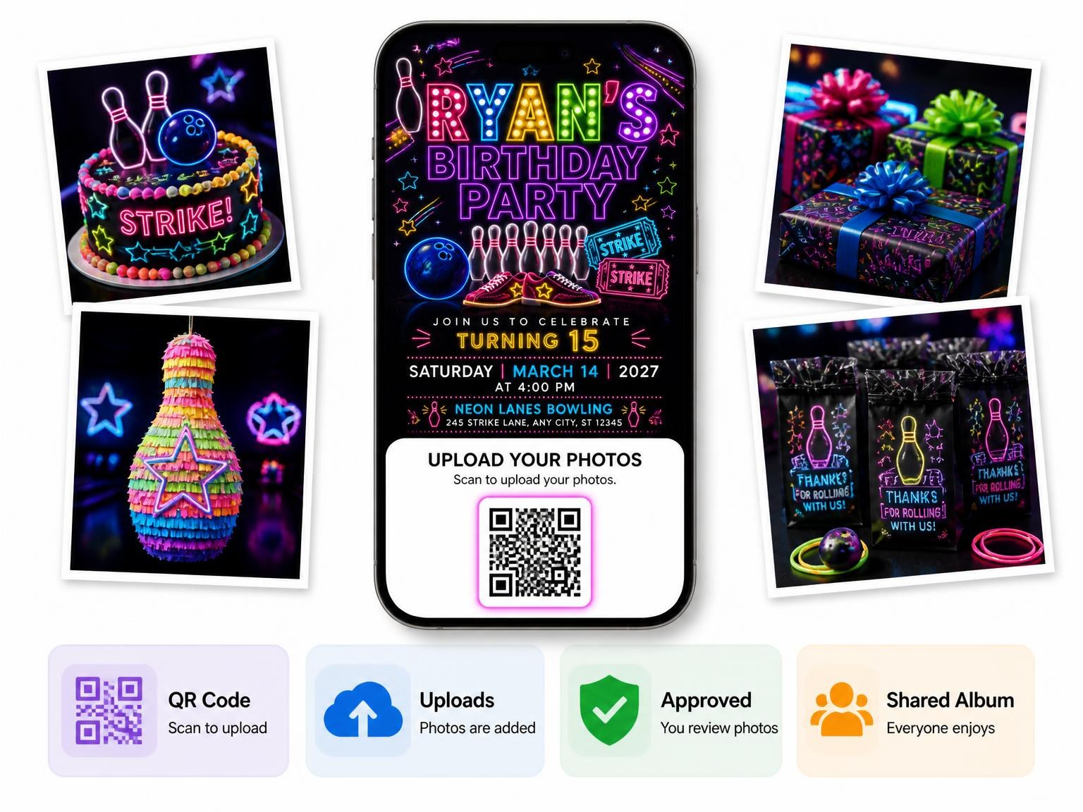 The shared photo gallery that comes with the Neon Bowling 15th Birthday Invitation invitation