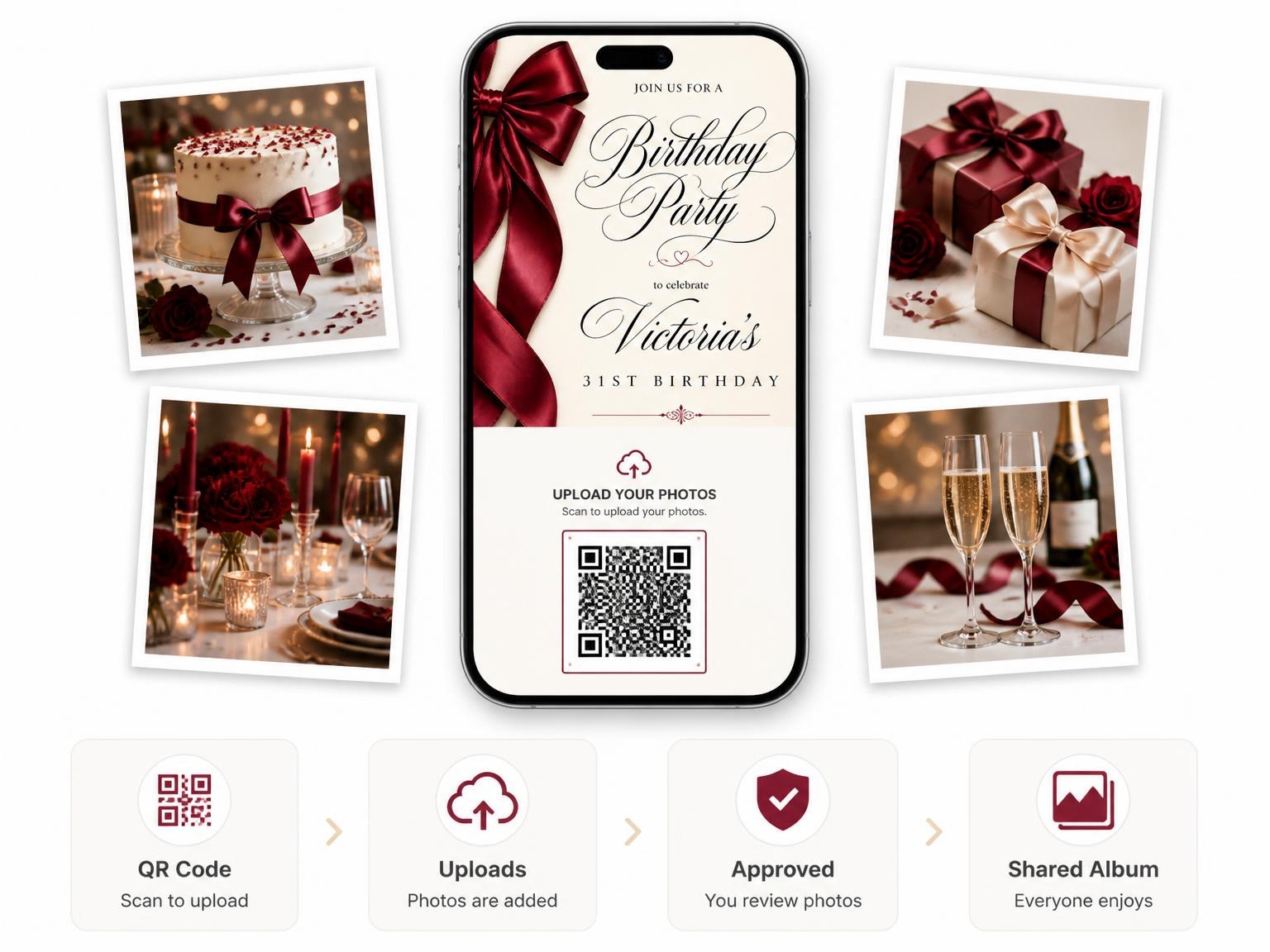 The shared photo gallery that comes with the Burgundy Satin Bow 31st Birthday Invitation invitation