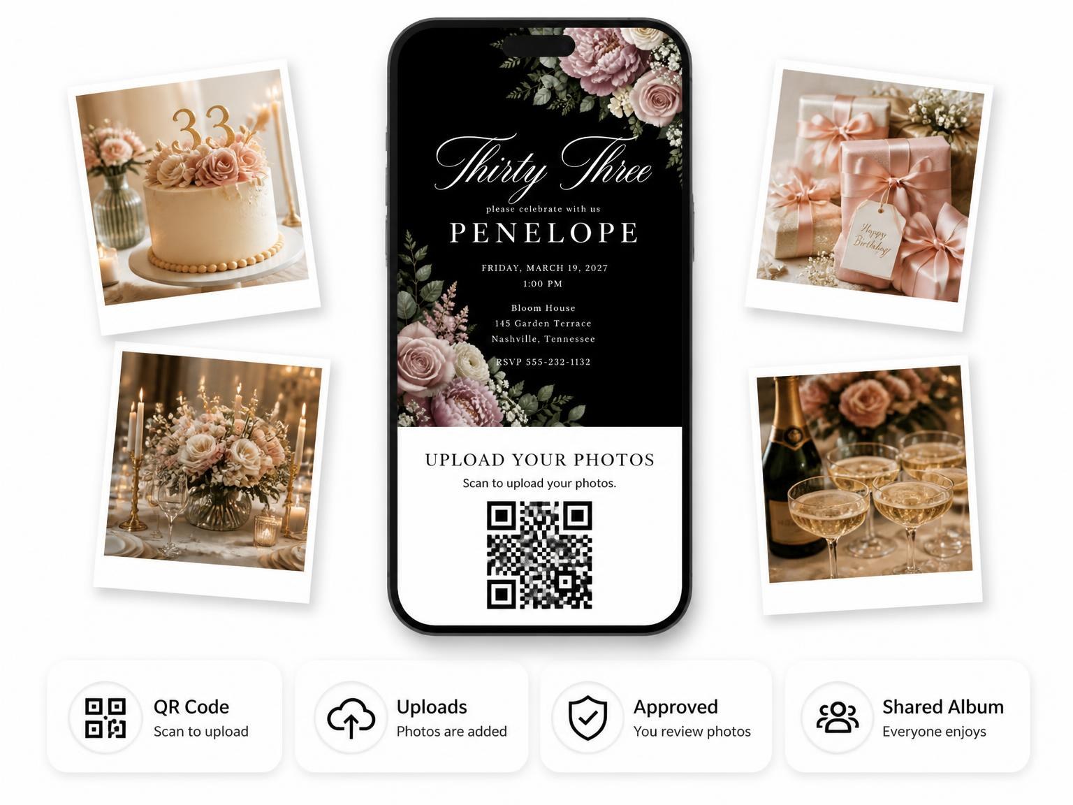 The shared photo gallery that comes with the Black Floral 33rd Birthday Invitation invitation