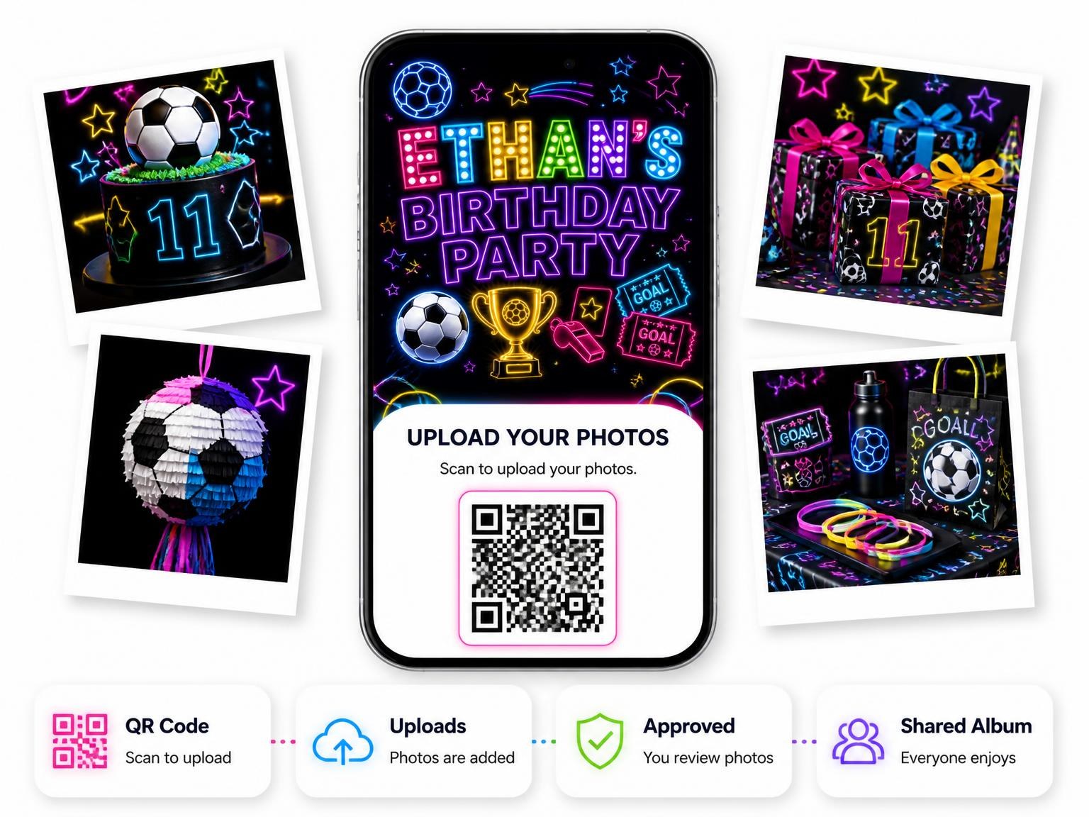 The shared photo gallery that comes with the Neon Soccer 11th Birthday Invitation invitation
