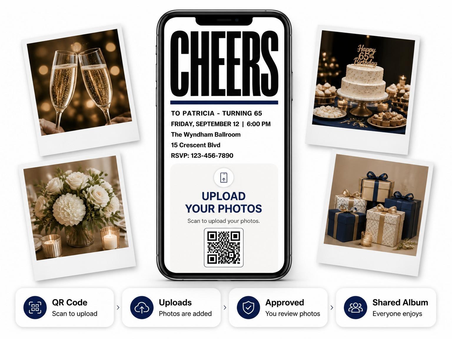 The shared photo gallery that comes with the Navy and White Bold Typography Birthday invitation
