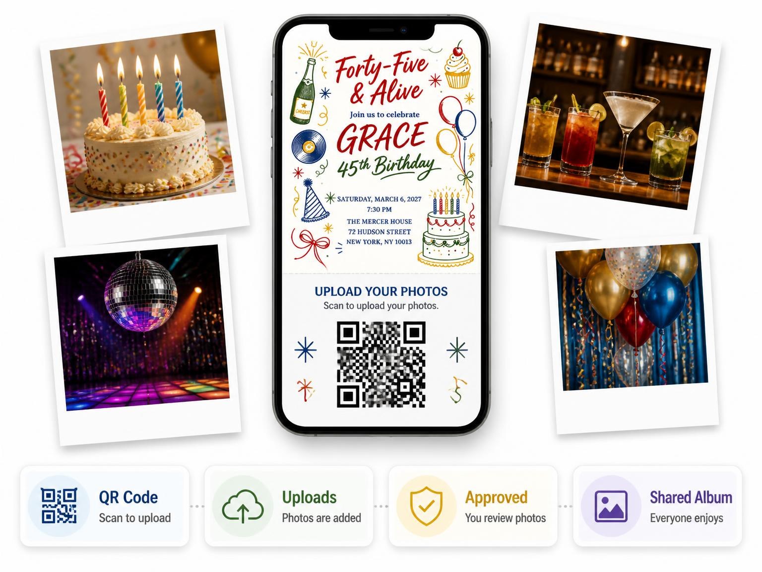 The shared photo gallery that comes with the Retro Doodle 45th Birthday Invitation invitation