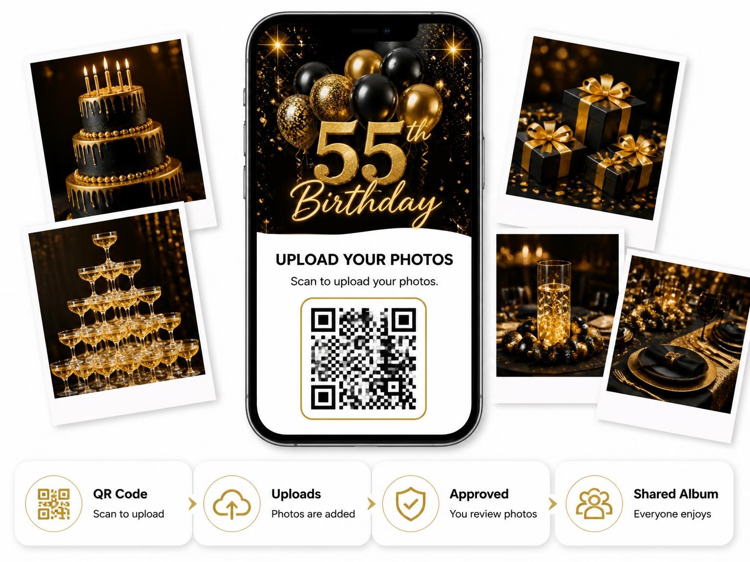 The shared photo gallery that comes with the Black and Gold Balloon 55th Birthday invitation