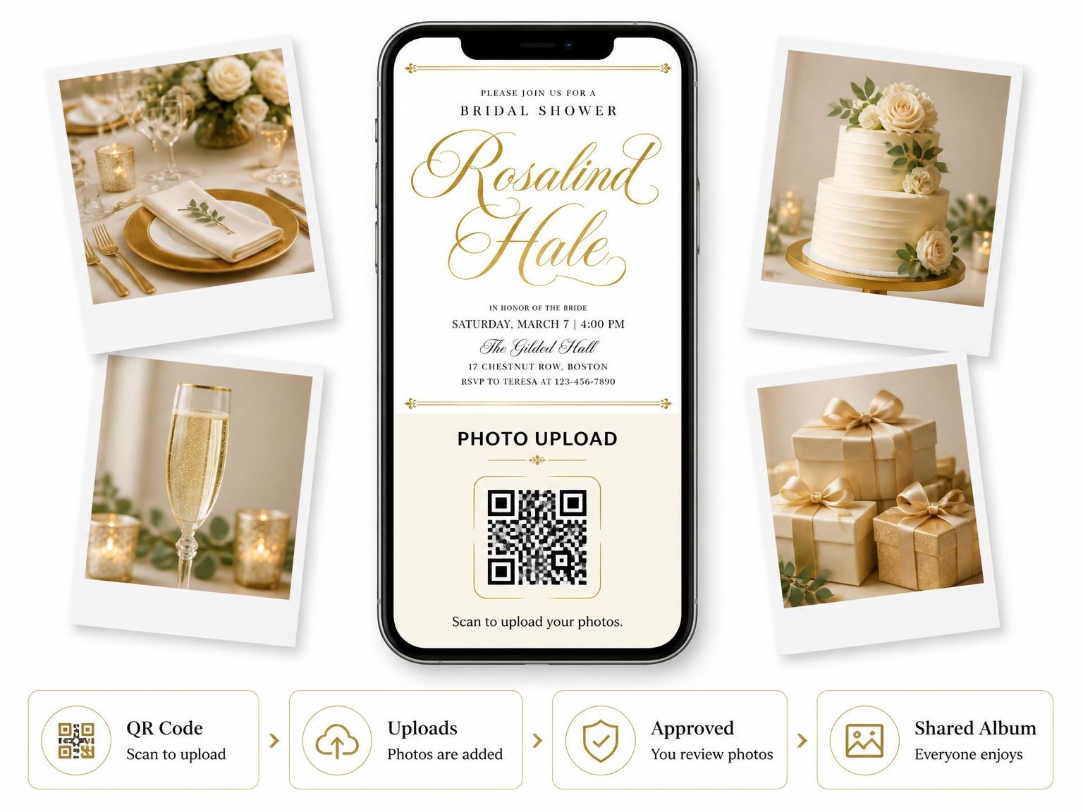 The shared photo gallery that comes with the Gold Calligraphy Minimalist Bridal Shower invitation