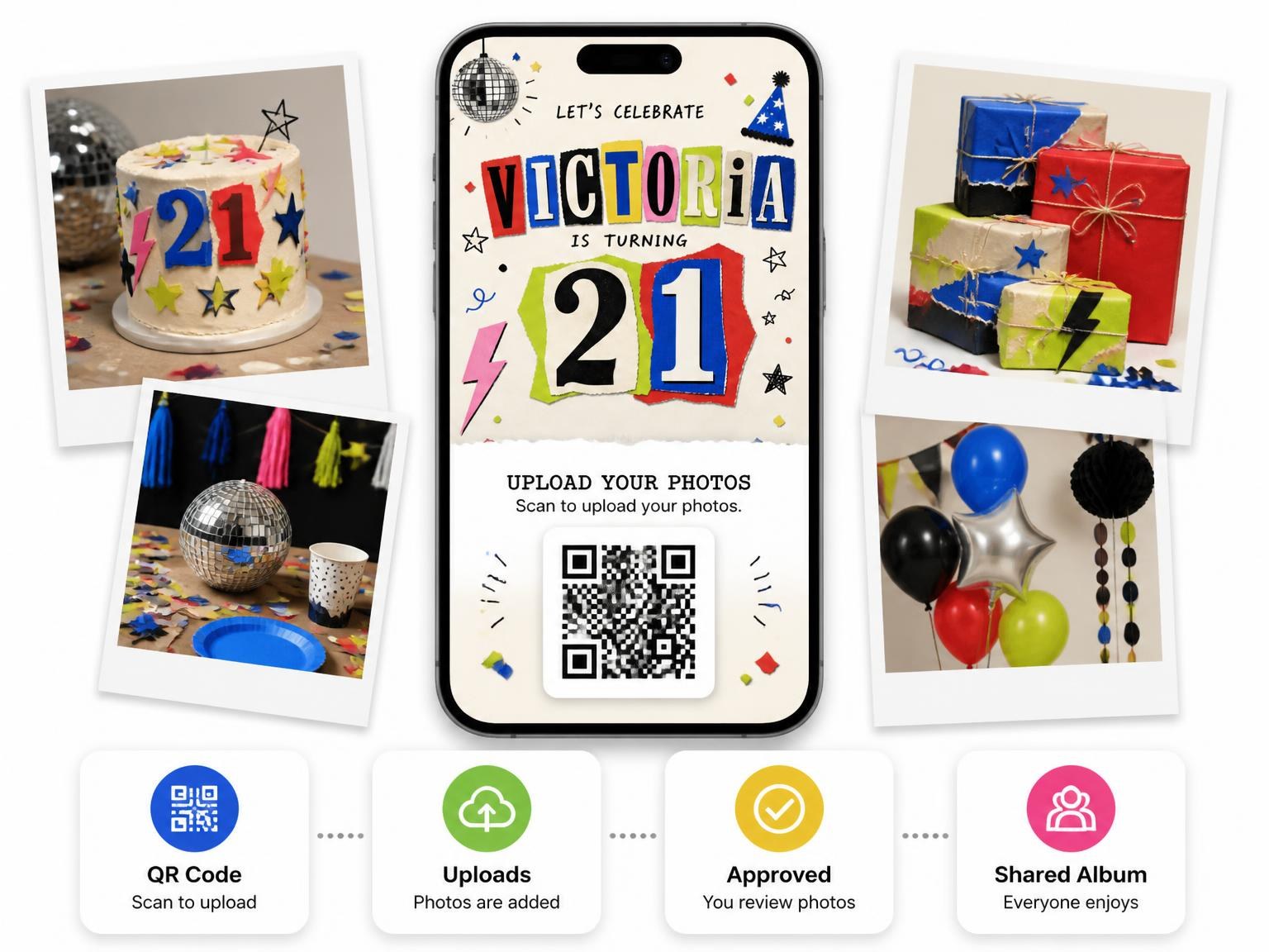 The shared photo gallery that comes with the Retro Paper Collage 21st Birthday Invitation invitation