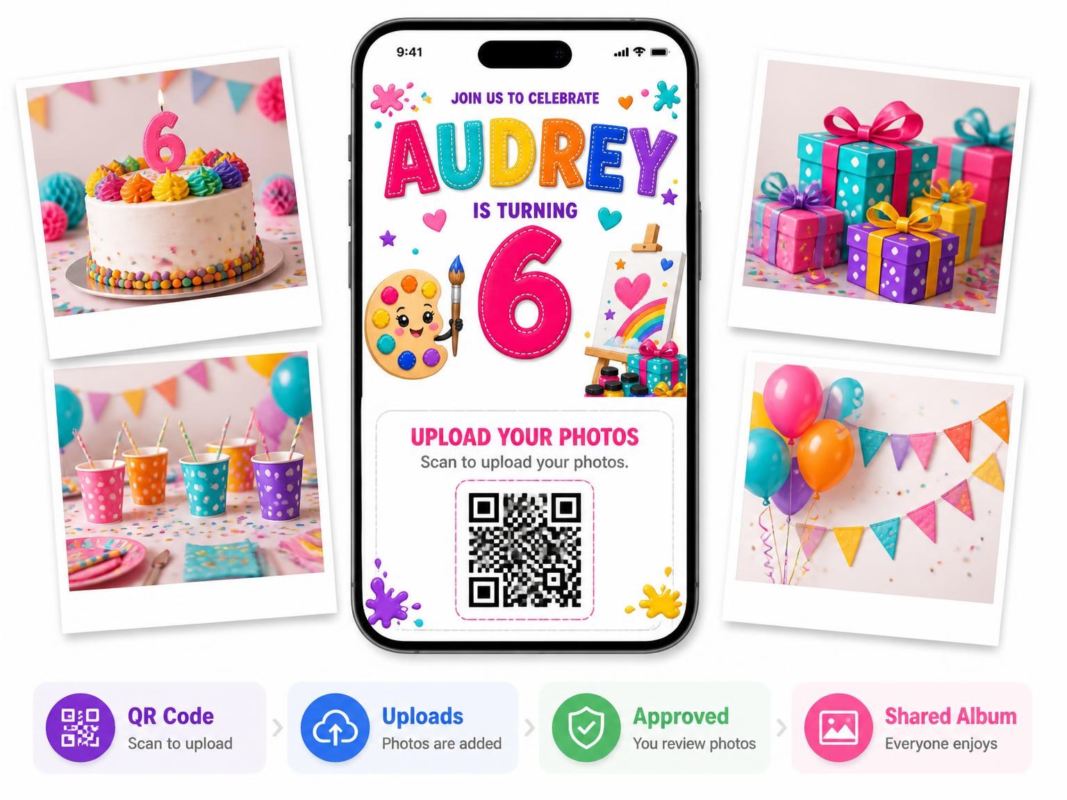 The shared photo gallery that comes with the Gift Boxes Stitched 6th Birthday Invitation invitation
