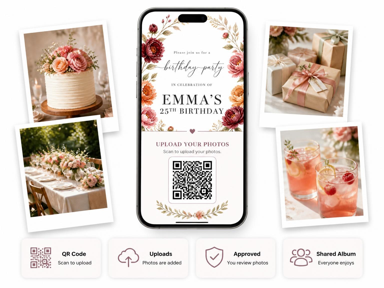 The shared photo gallery that comes with the Peony Wreath Autumn 25th Birthday Invitation invitation