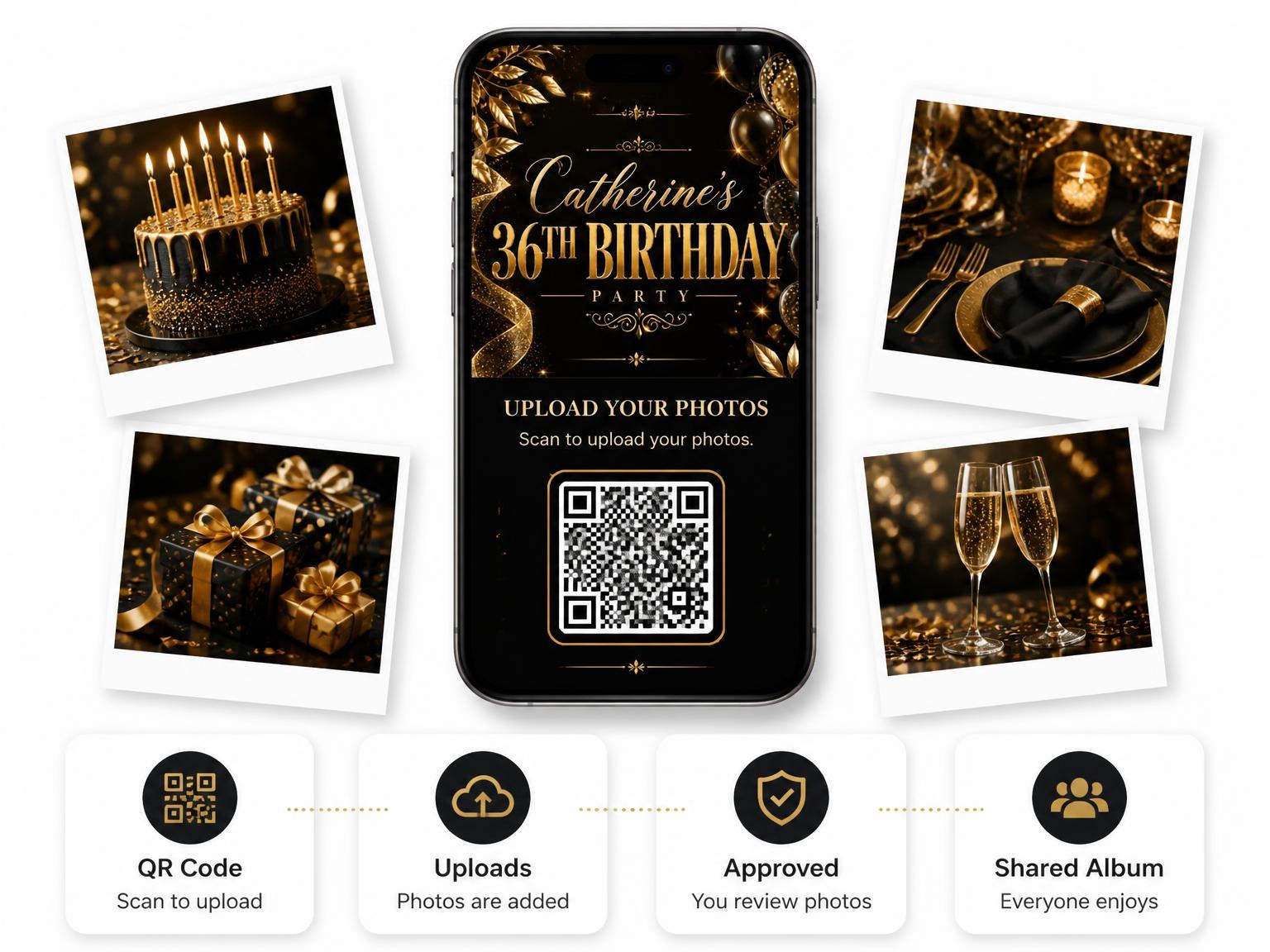 The shared photo gallery that comes with the Black and Gold 36th Birthday Invitation invitation