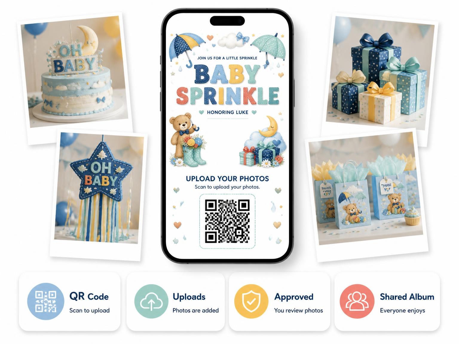 The shared photo gallery that comes with the Gift Boxes Baby Sprinkle Invitation invitation