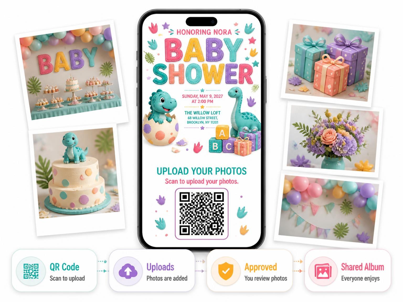 The shared photo gallery that comes with the Baby Brachiosaurus Baby Shower Invitation invitation