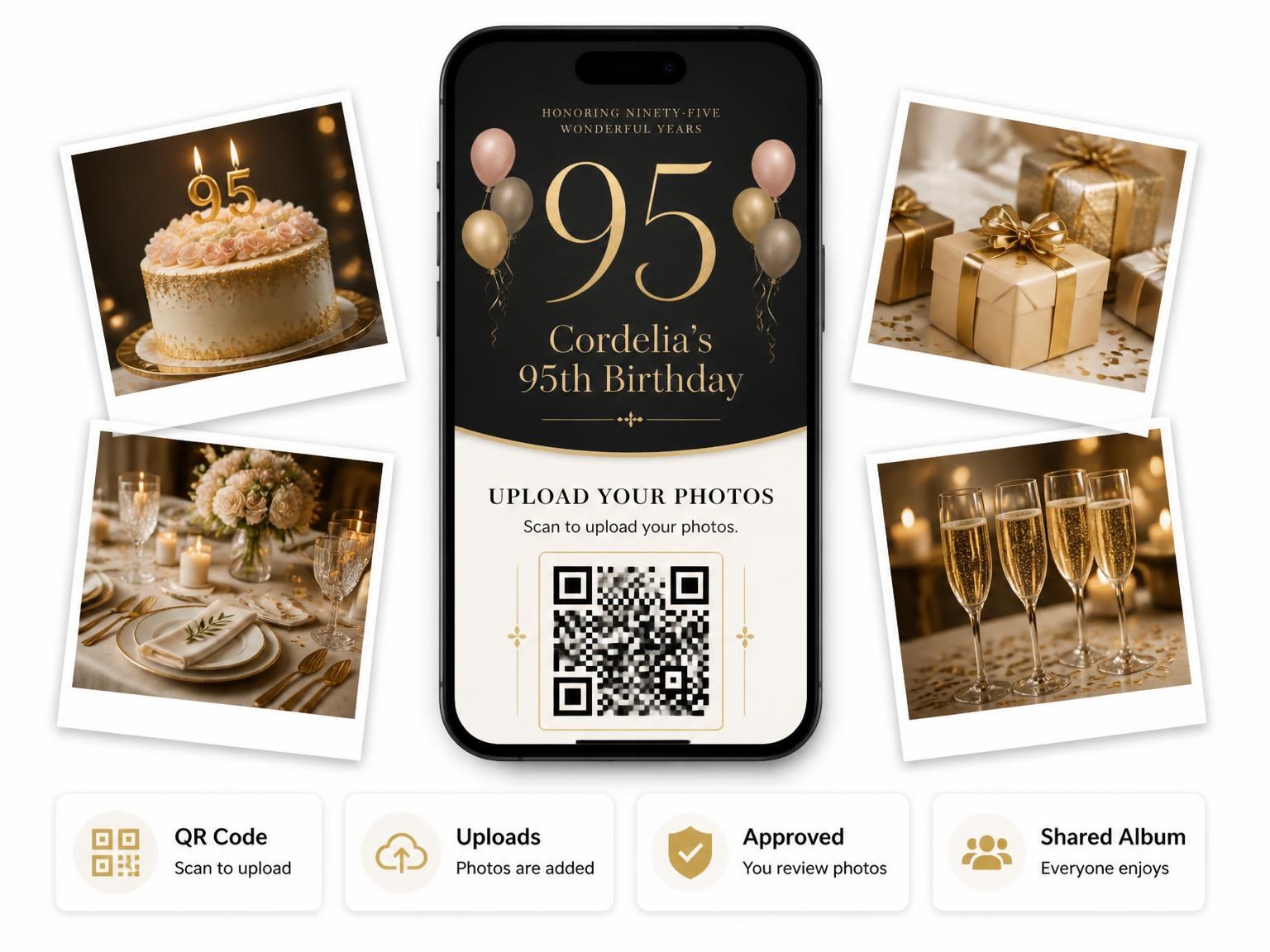 The shared photo gallery that comes with the Charcoal and Blush 95th Birthday Invitation invitation