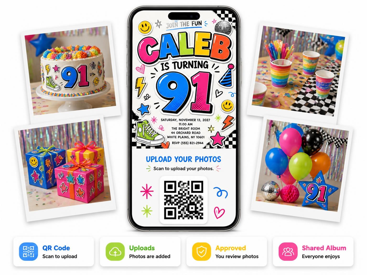 The shared photo gallery that comes with the Sticker Pop 91st Birthday Invitation invitation