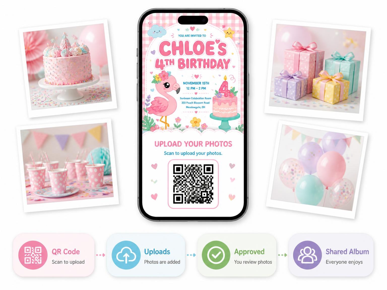 The shared photo gallery that comes with the Flamingo Floral Kawaii 4th Birthday Invitation invitation
