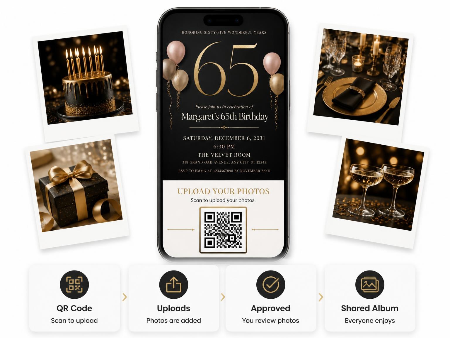 The shared photo gallery that comes with the Charcoal and Blush 65th Birthday Invitation invitation