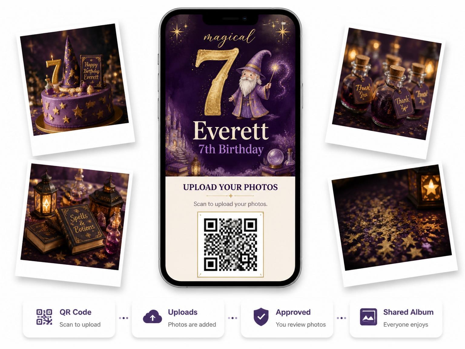 The shared photo gallery that comes with the Deep Purple Wizard 7th Birthday Invitation invitation