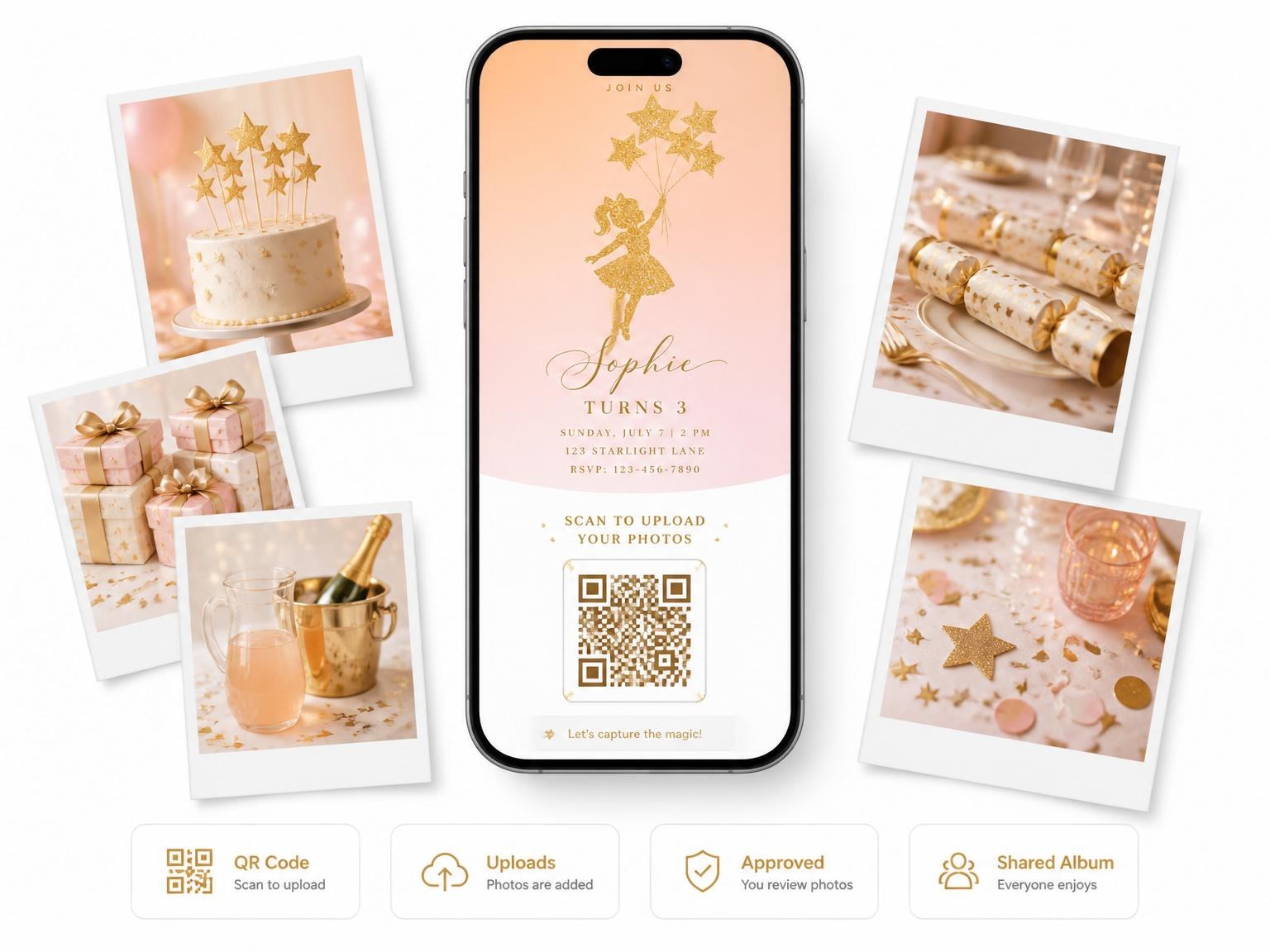 The shared photo gallery that comes with the Gold Glitter Star 3rd Birthday Invitation invitation