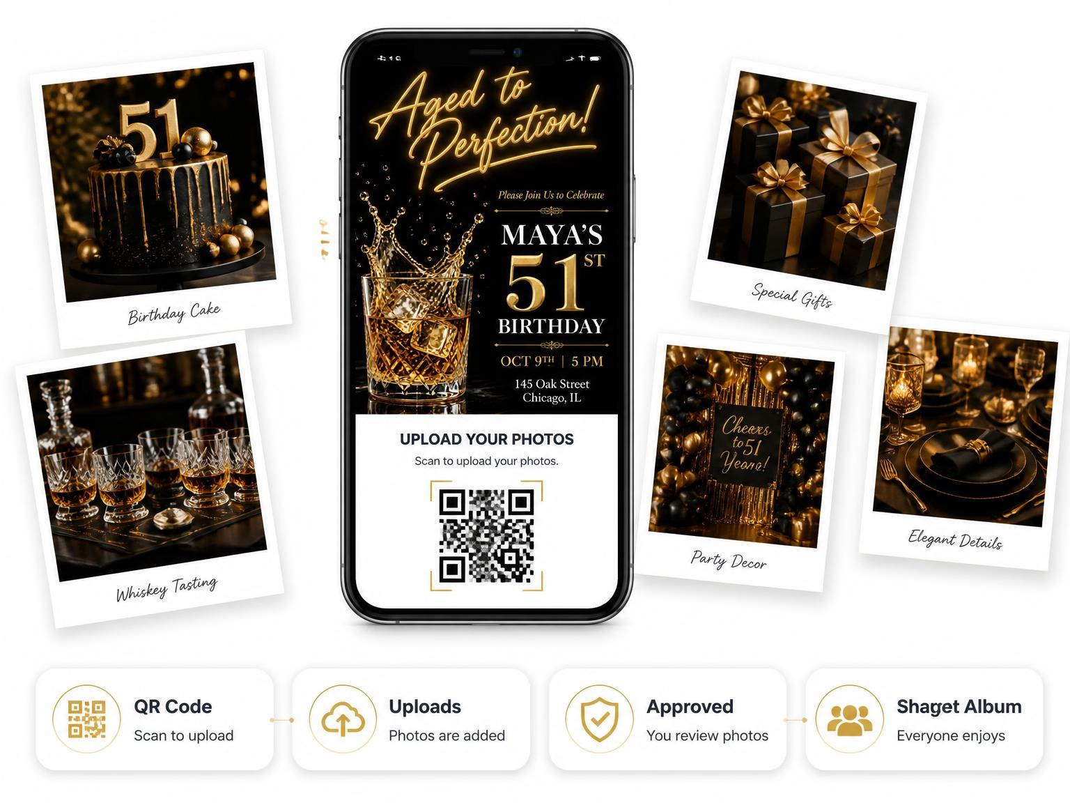 The shared photo gallery that comes with the Whiskey Glass 51st Birthday Invitation invitation