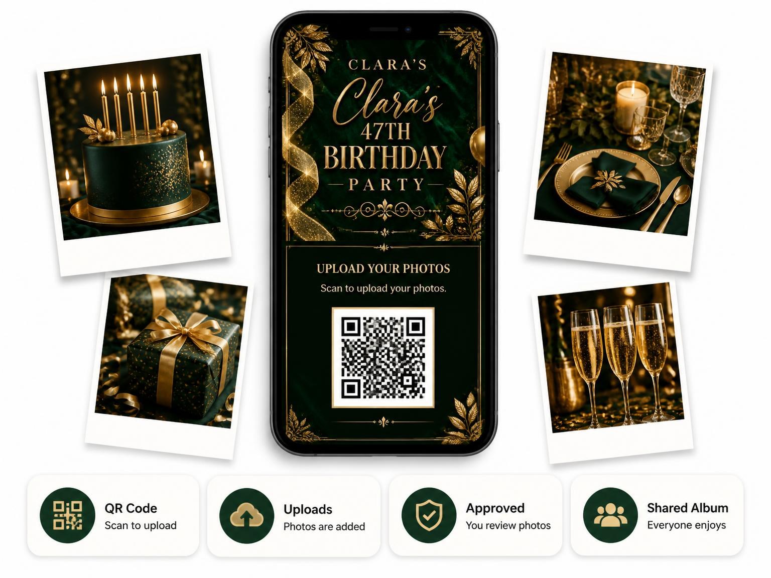 The shared photo gallery that comes with the Emerald and Champagne 47th Birthday Invitation invitation