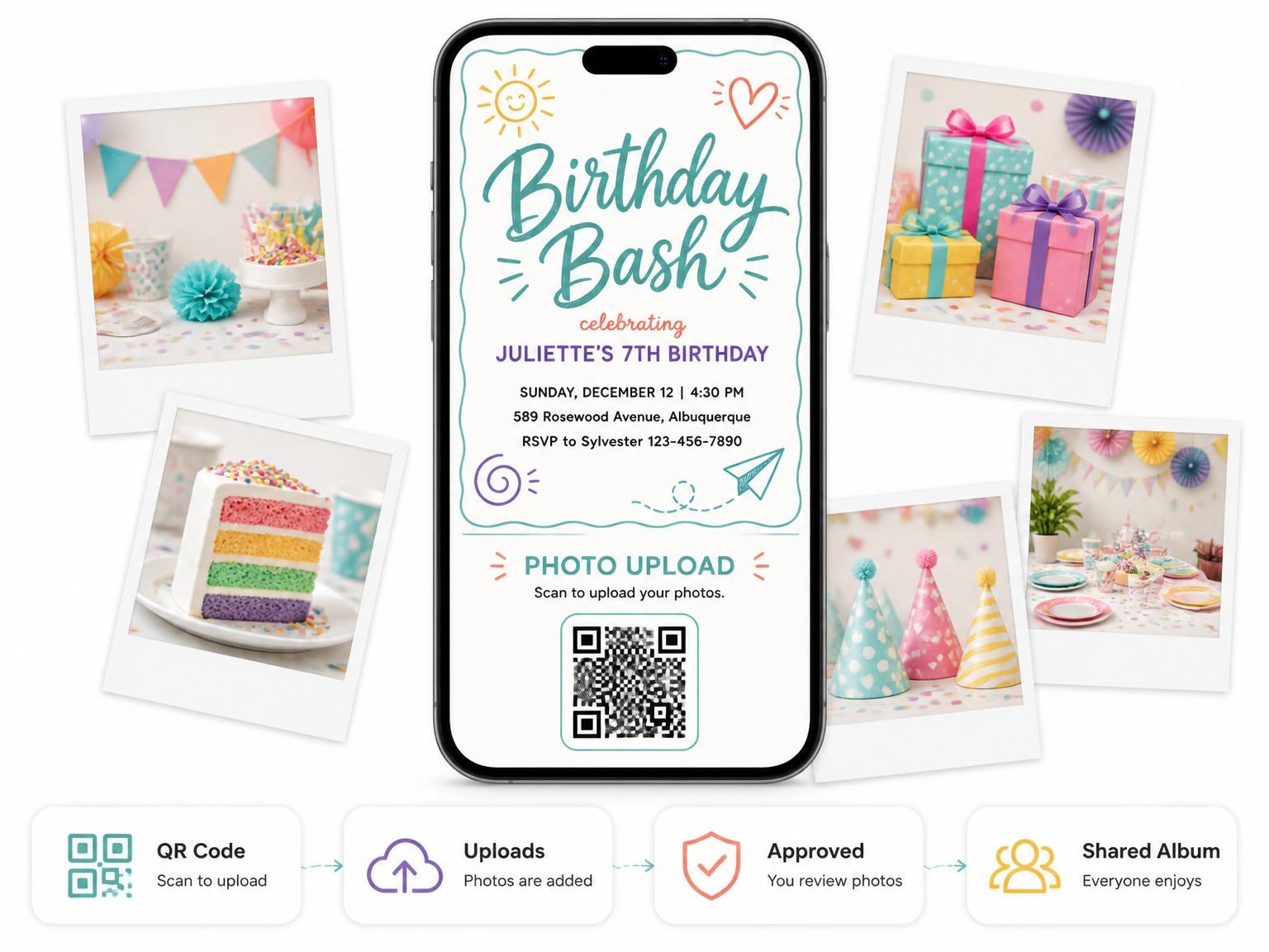 The shared photo gallery that comes with the Teal Doodle Icon 7th Birthday Invitation invitation