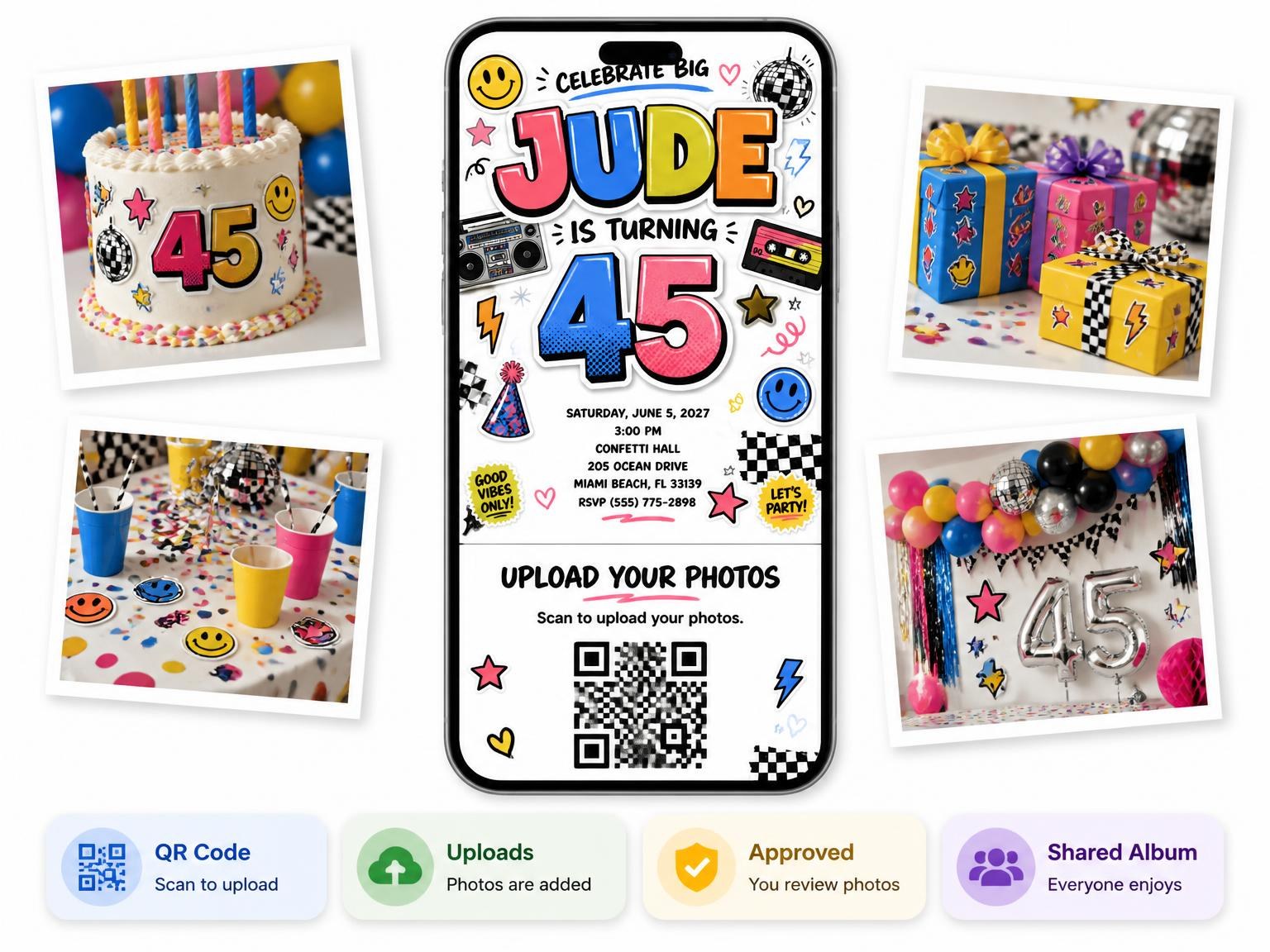 The shared photo gallery that comes with the Sticker Pop 45th Birthday Invitation invitation