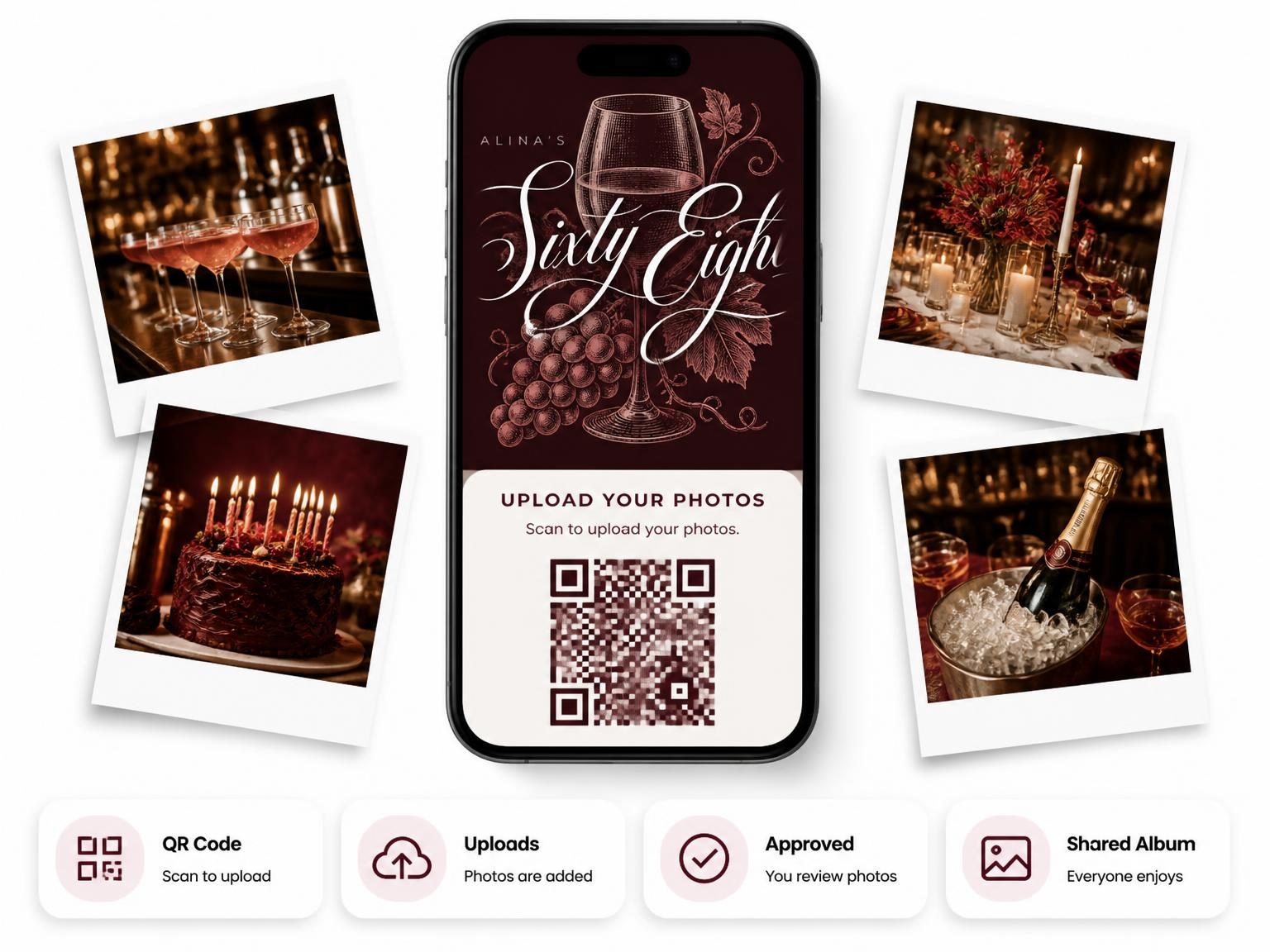 The shared photo gallery that comes with the Burgundy Cocktail 68th Birthday Invitation invitation