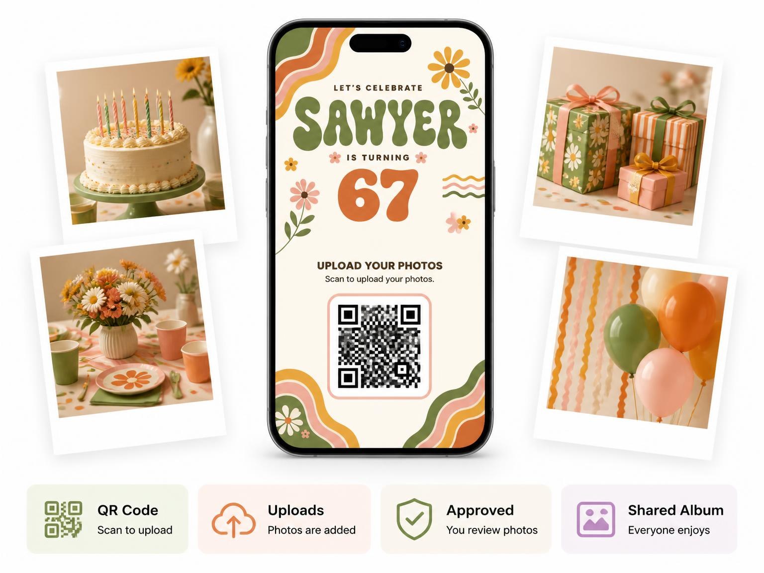 The shared photo gallery that comes with the Groovy Retro 67th Birthday Invitation invitation