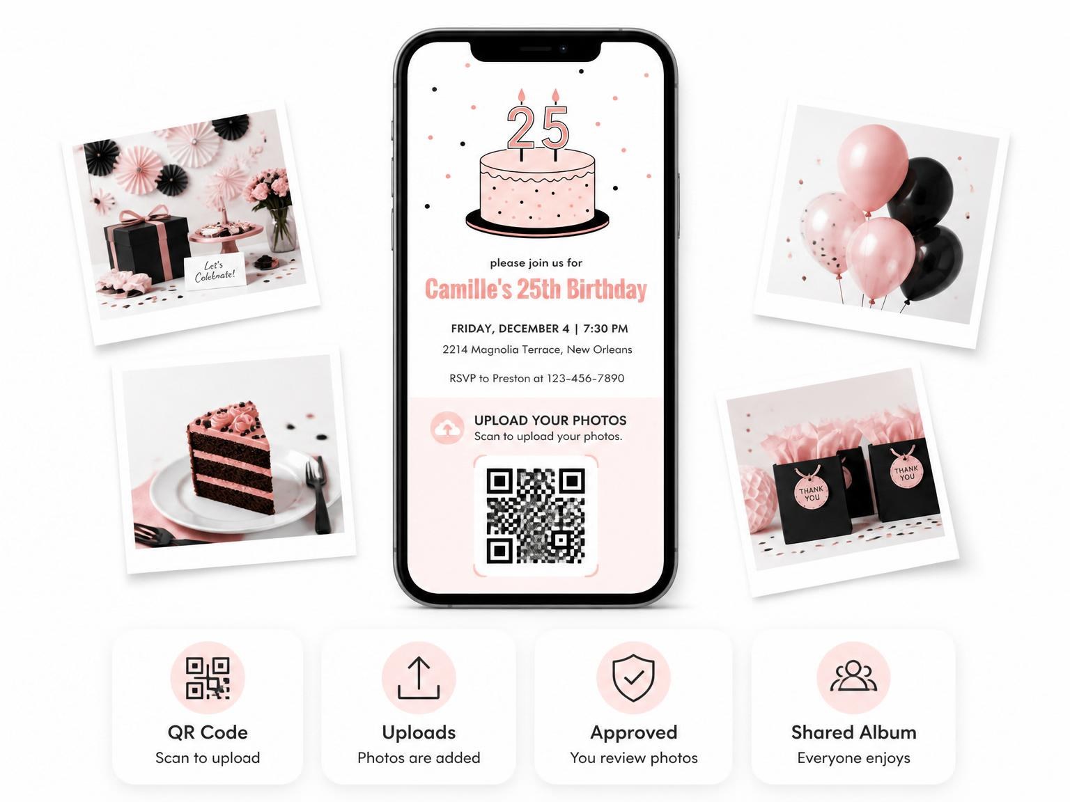 The shared photo gallery that comes with the Pink Cake 25th Birthday Invitation invitation