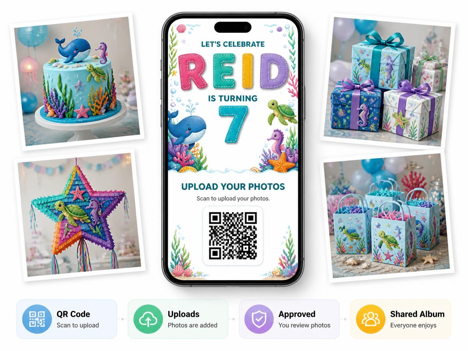 The shared photo gallery that comes with the Stitched Under the Sea 7th Birthday Invitation invitation