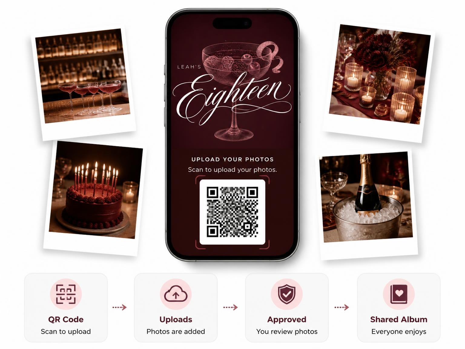 The shared photo gallery that comes with the Burgundy Cocktail 18th Birthday Invitation invitation