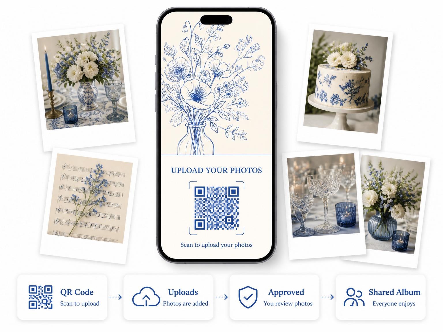 The shared photo gallery that comes with the Blue Botanical Line-Art 22nd Birthday invitation