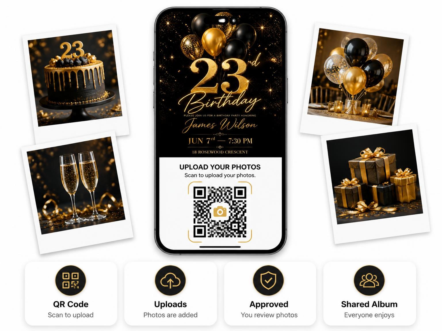 The shared photo gallery that comes with the Black and Gold Balloon 23rd Birthday invitation