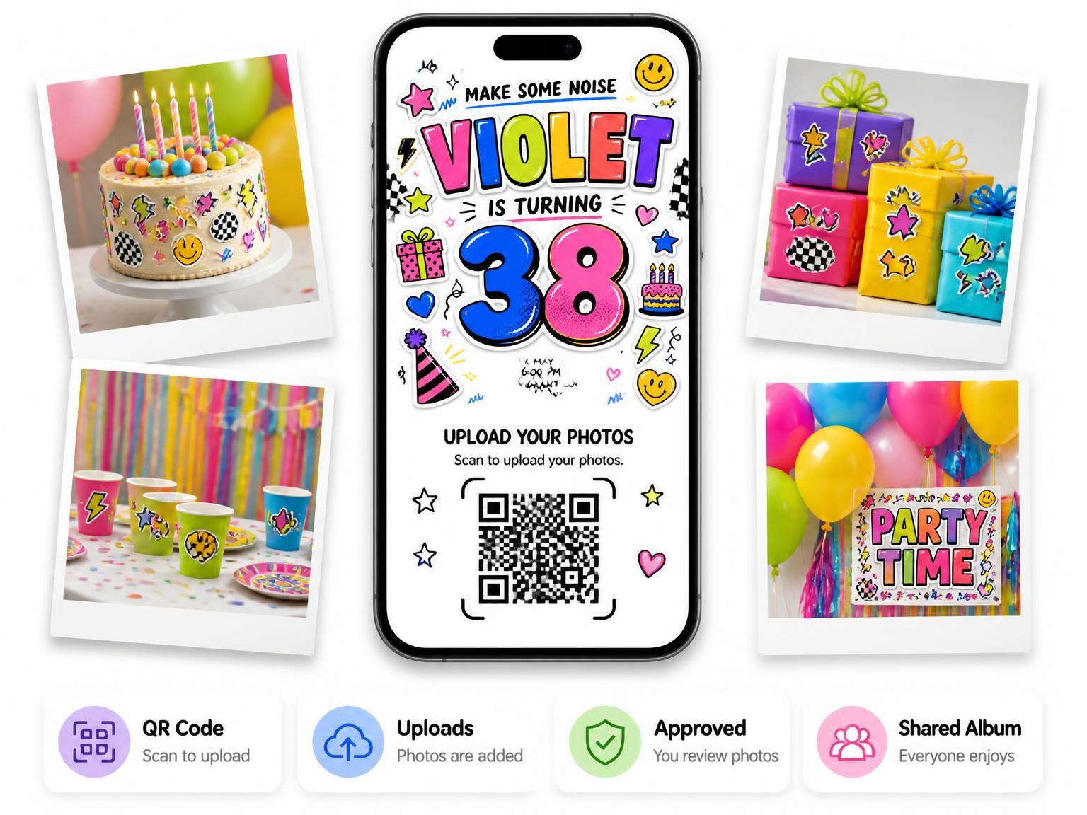The shared photo gallery that comes with the Sticker Pop 38th Birthday Invitation invitation