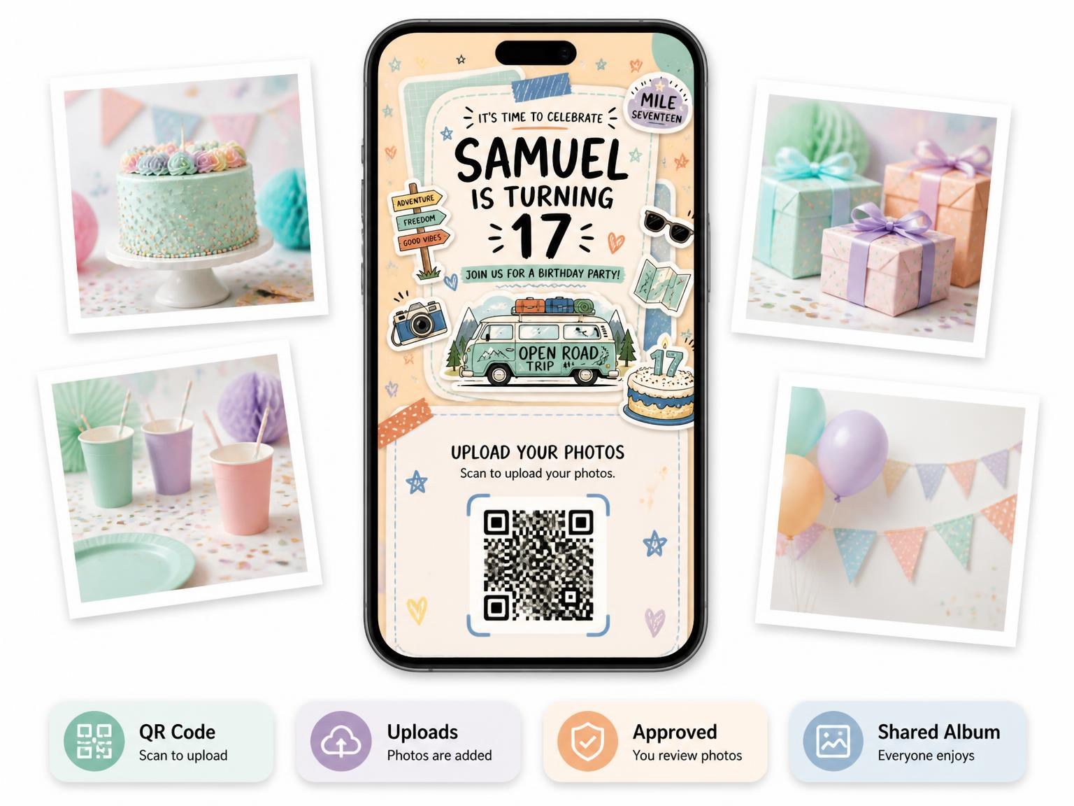 The shared photo gallery that comes with the Camper Van Pastel 17th Birthday Invitation invitation