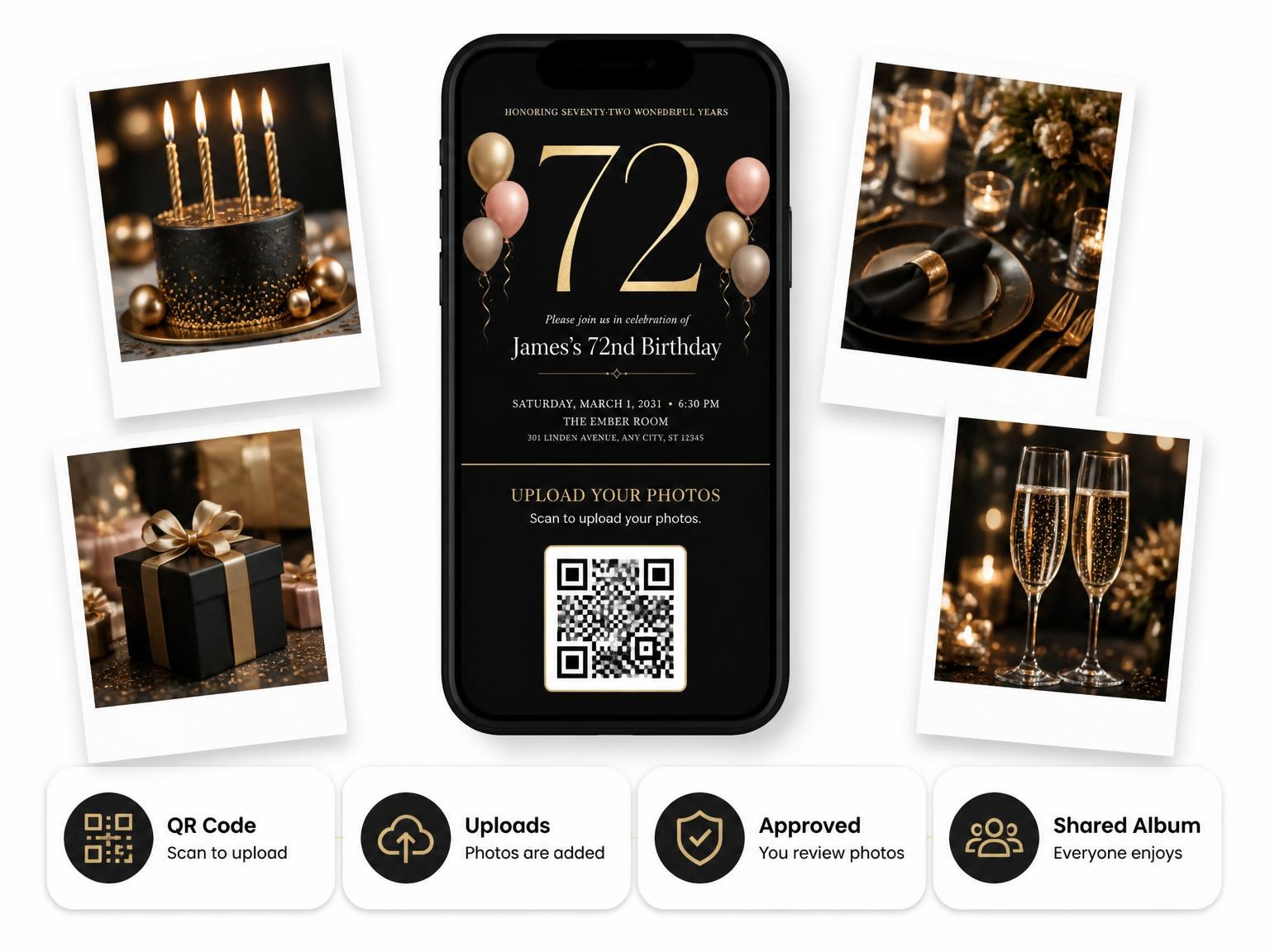 The shared photo gallery that comes with the Charcoal and Blush 72nd Birthday Invitation invitation