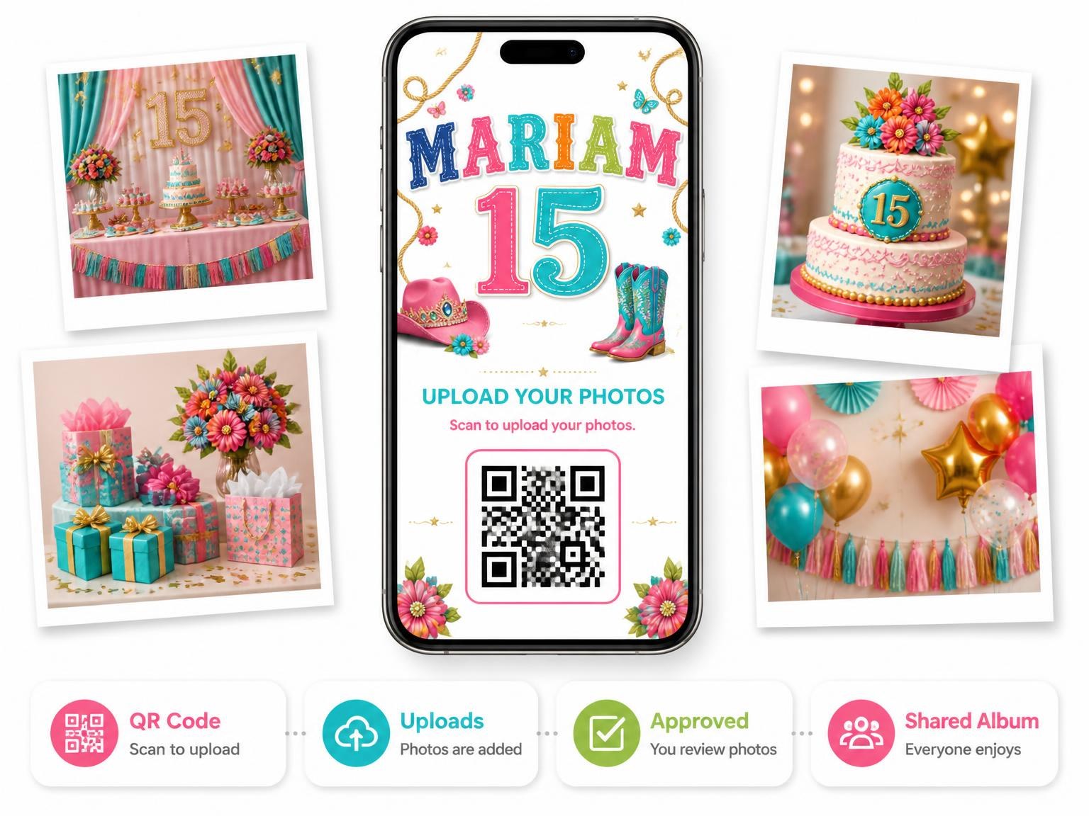 The shared photo gallery that comes with the Pink Cowgirl 15th Birthday Party Invitation invitation