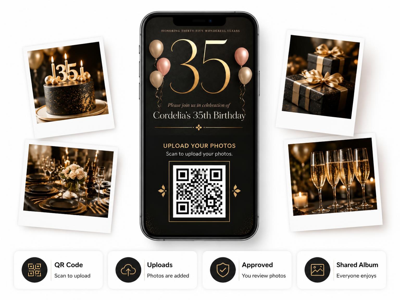 The shared photo gallery that comes with the Charcoal and Blush 35th Birthday Invitation invitation