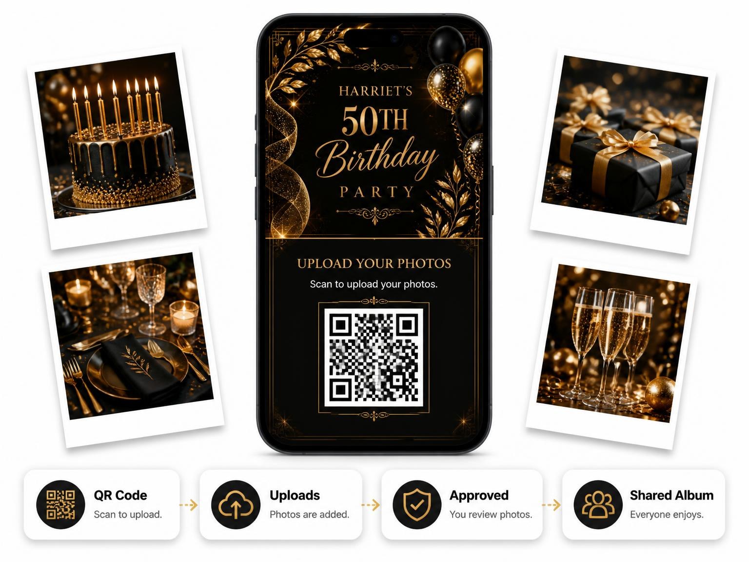 The shared photo gallery that comes with the Glitter Ribbon and Balloons 50th Birthday Invitation invitation
