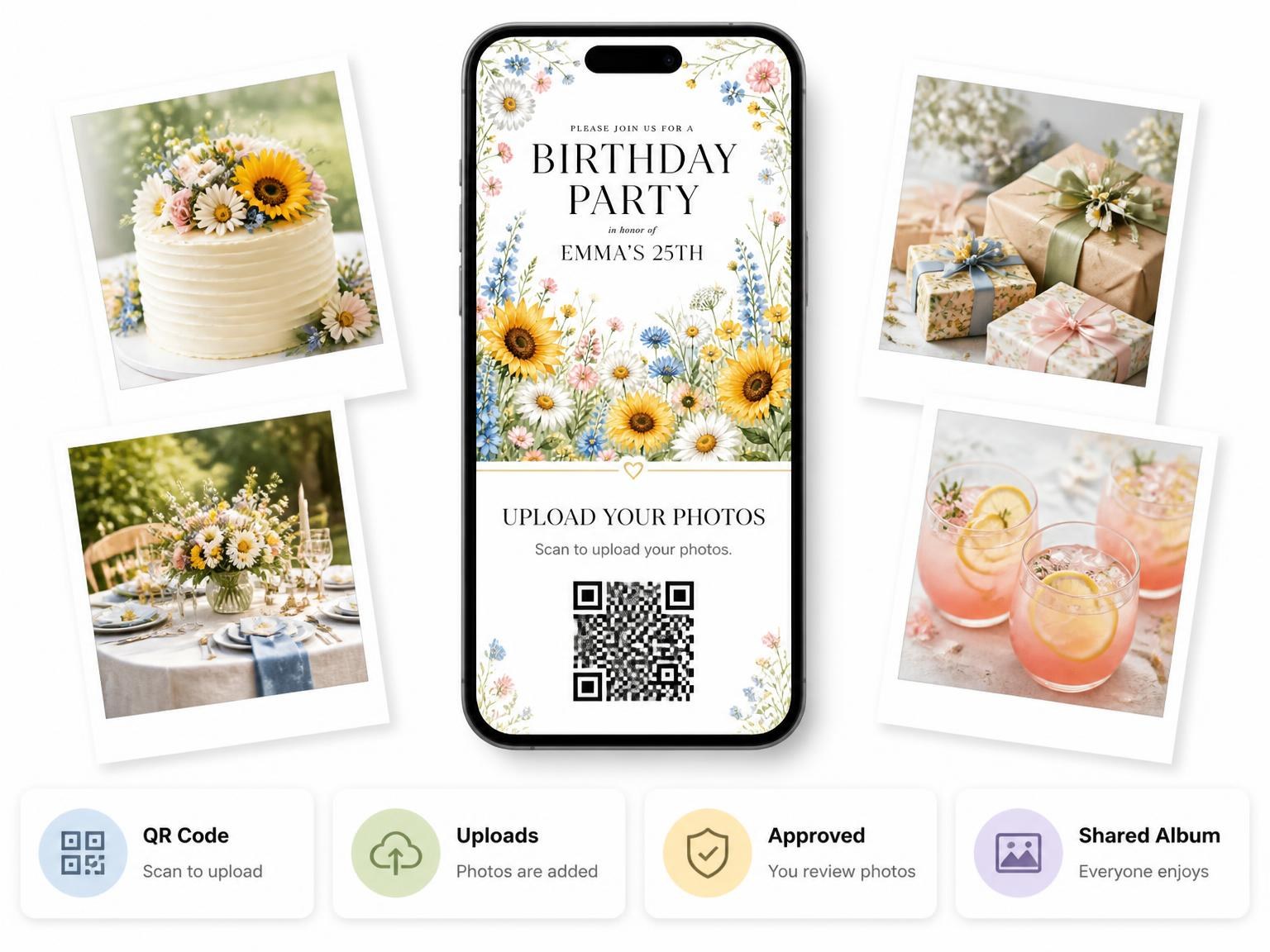 The shared photo gallery that comes with the Spring Wildflower Garden 25th Birthday Invitation invitation