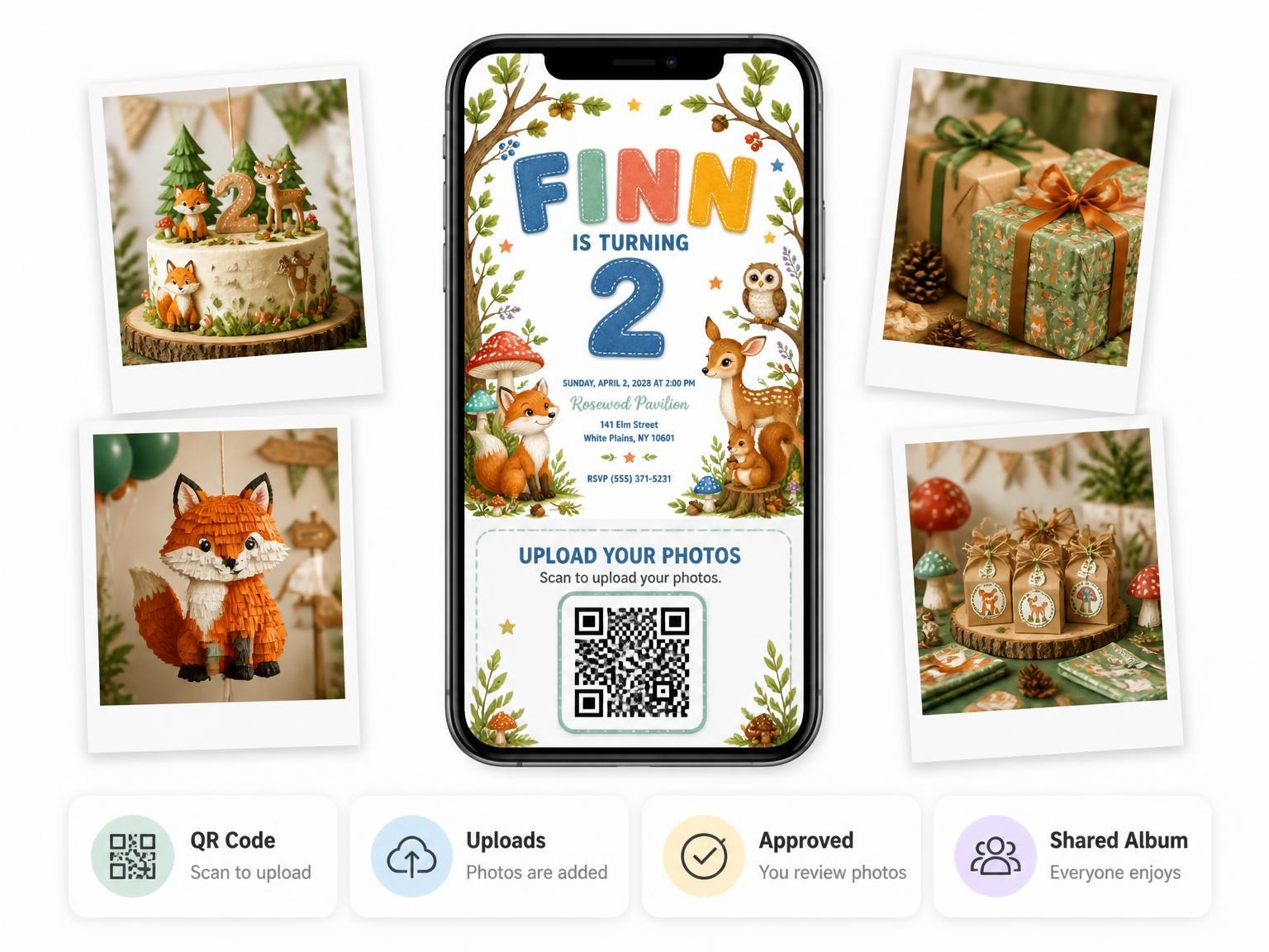 The shared photo gallery that comes with the Stitched Woodland 2nd Birthday Invitation invitation
