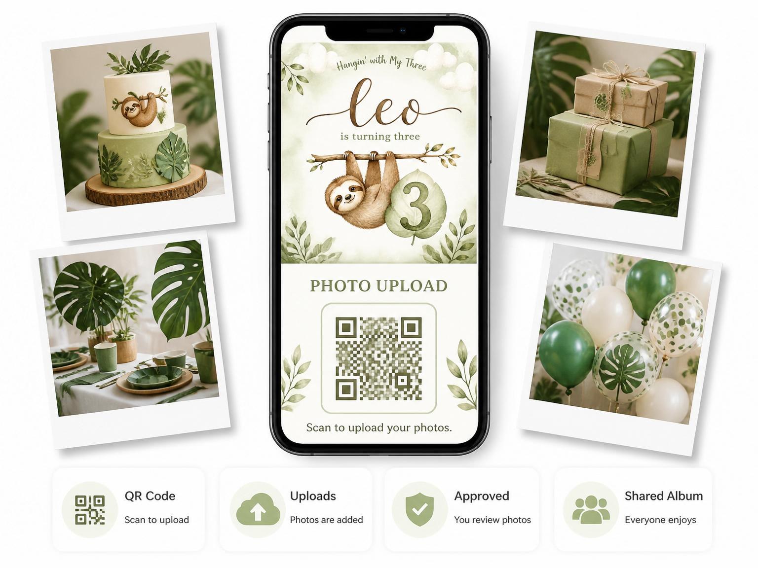 The shared photo gallery that comes with the Watercolor Sloth Jungle 3rd Birthday Invitation invitation