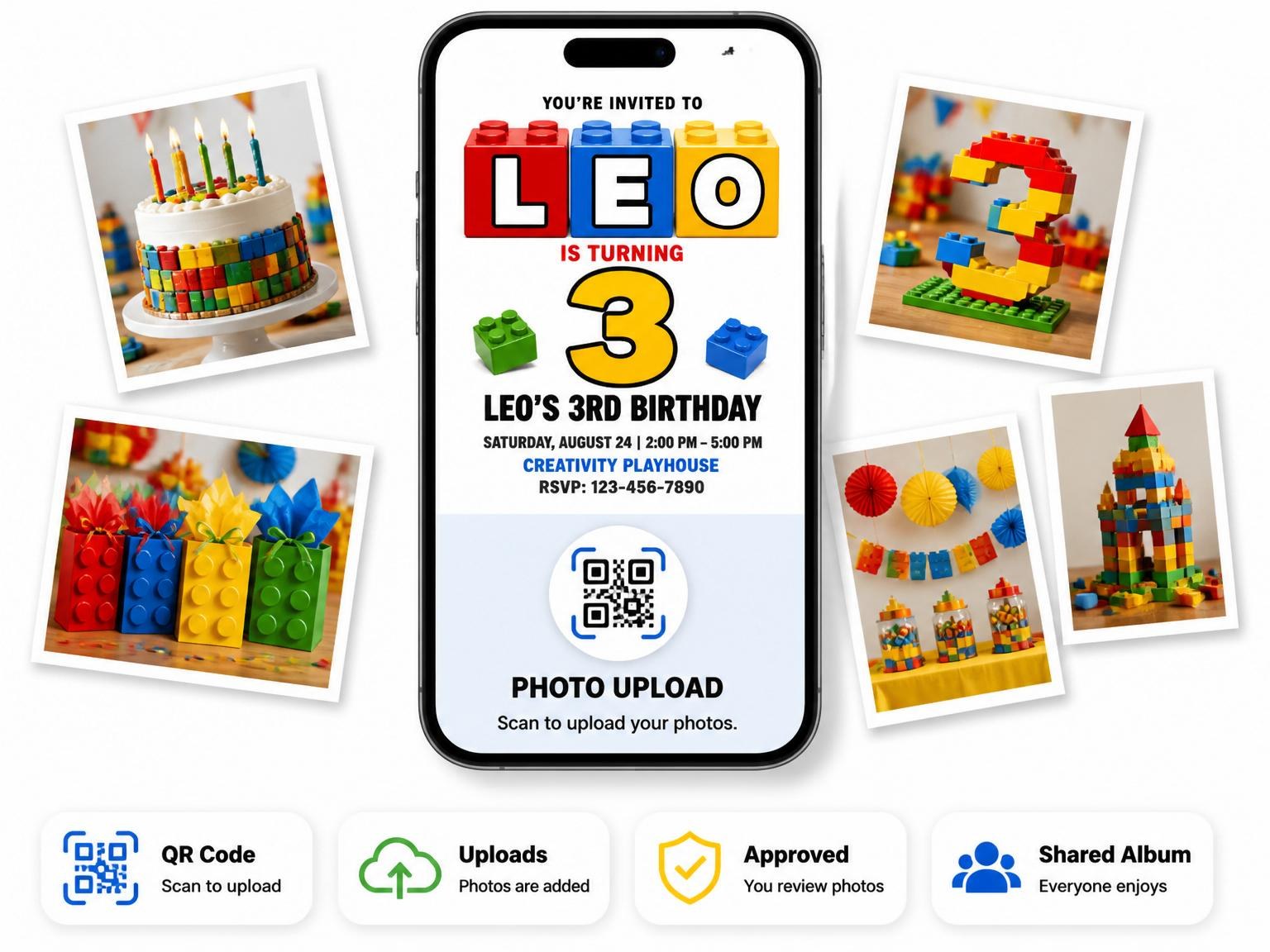 The shared photo gallery that comes with the Primary Color Toy Brick 3rd Birthday invitation