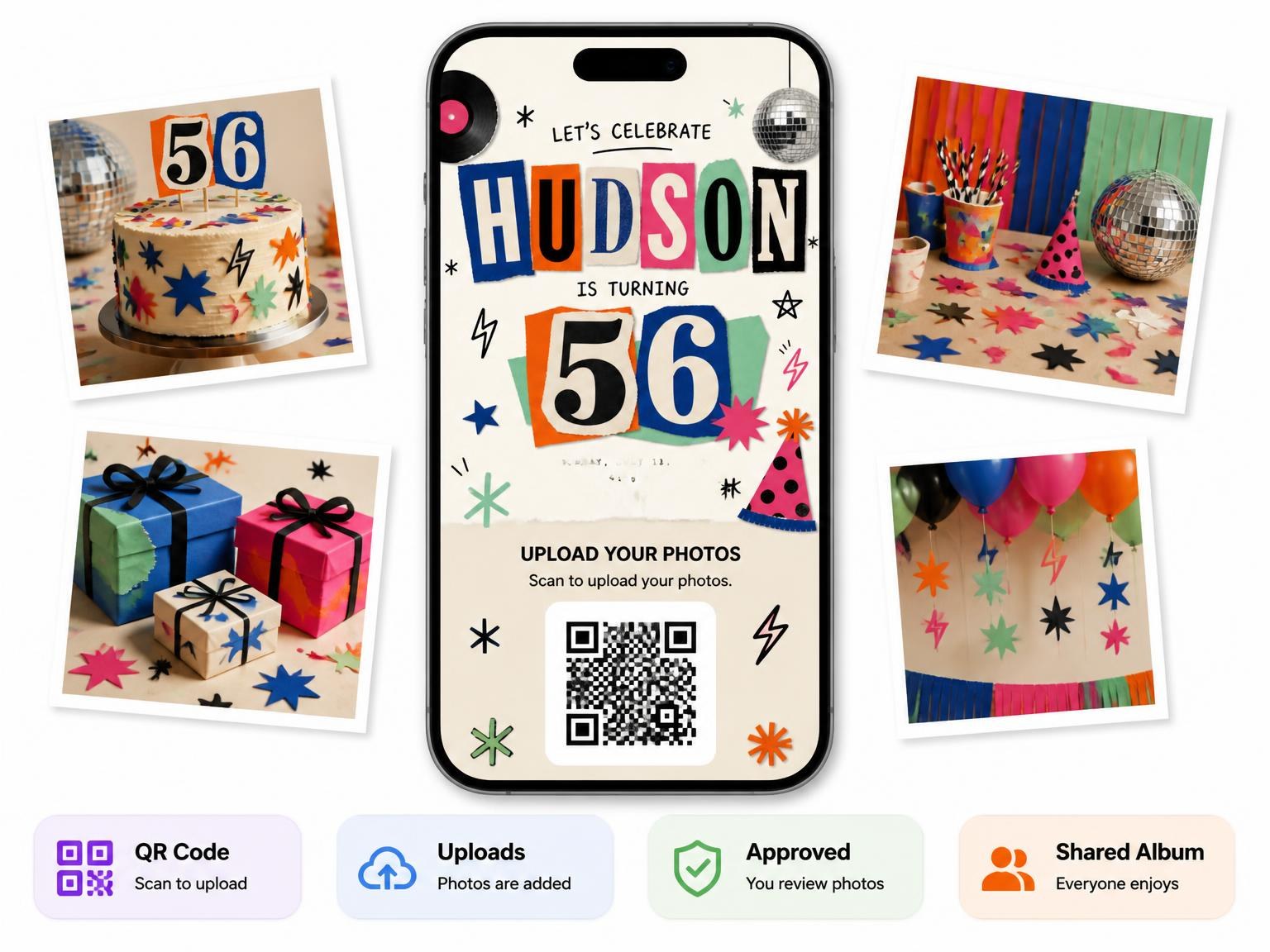 The shared photo gallery that comes with the Retro Paper Collage 56th Birthday Invitation invitation