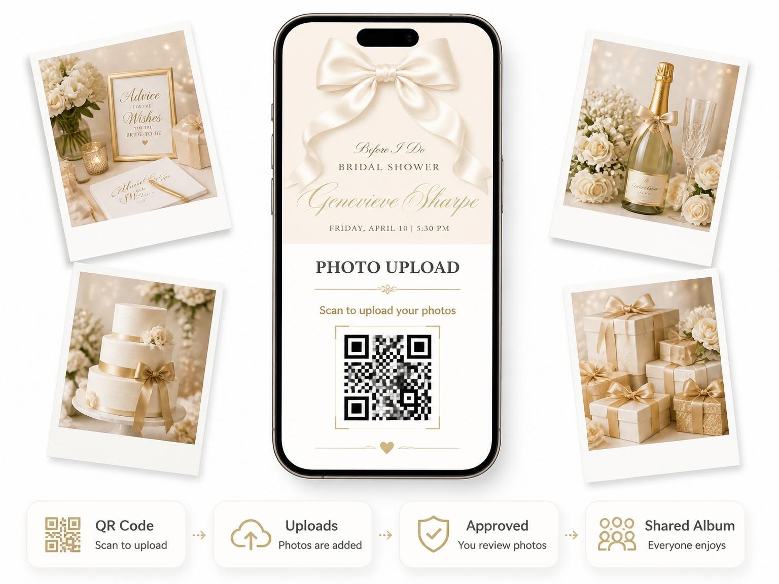 The shared photo gallery that comes with the Cream Satin Bow Bridal Shower invitation