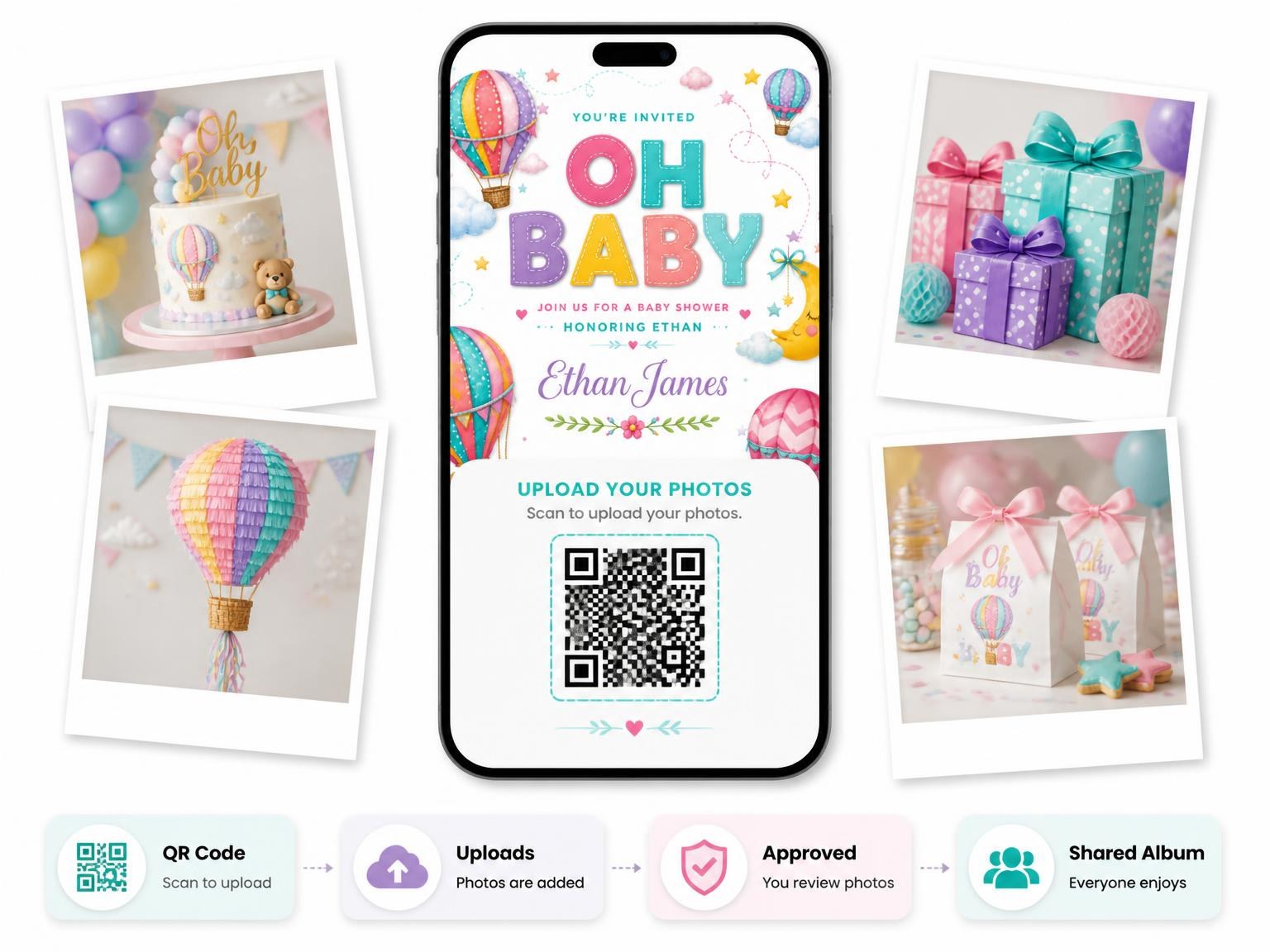 The shared photo gallery that comes with the Moon Stars Baby Shower Invitation invitation