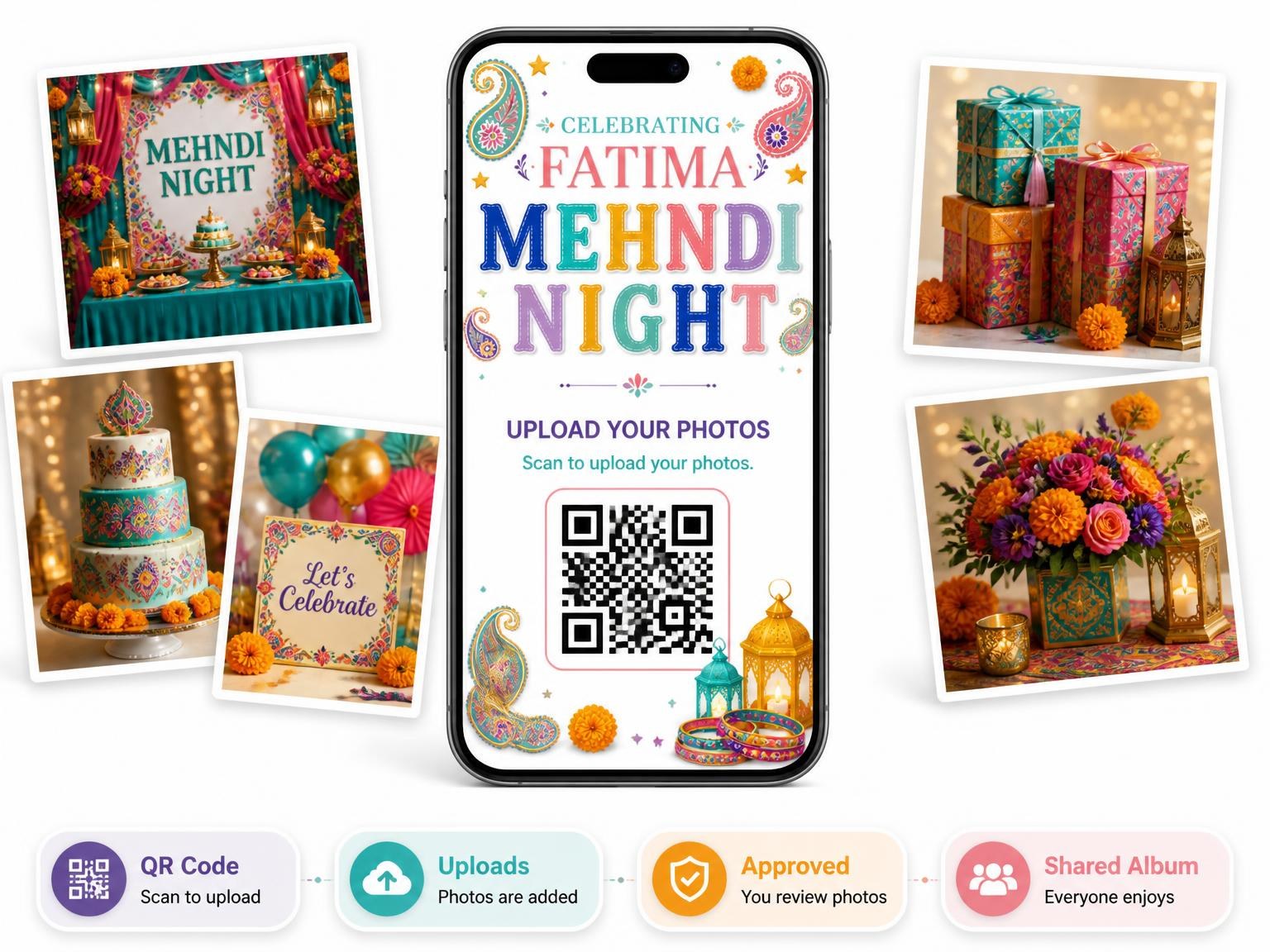 The shared photo gallery that comes with the Embroidered Mojari Mehndi Night Invitation invitation