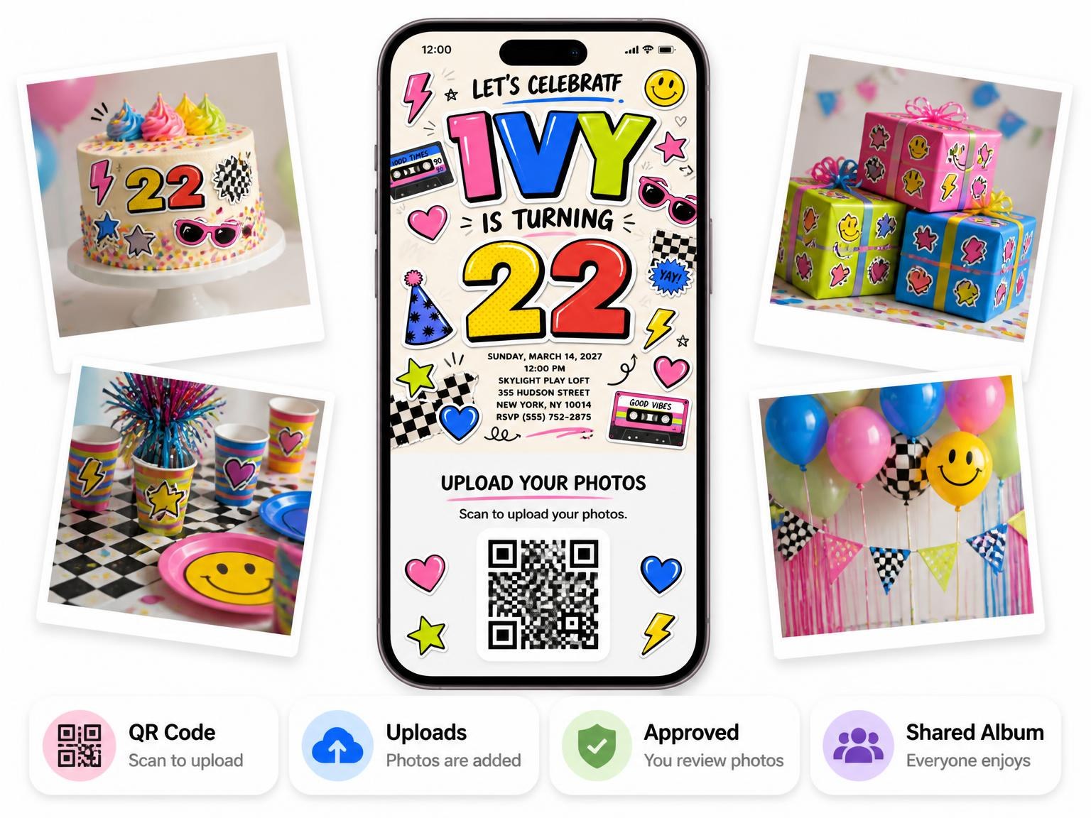 The shared photo gallery that comes with the Sticker Pop 22nd Birthday Invitation invitation