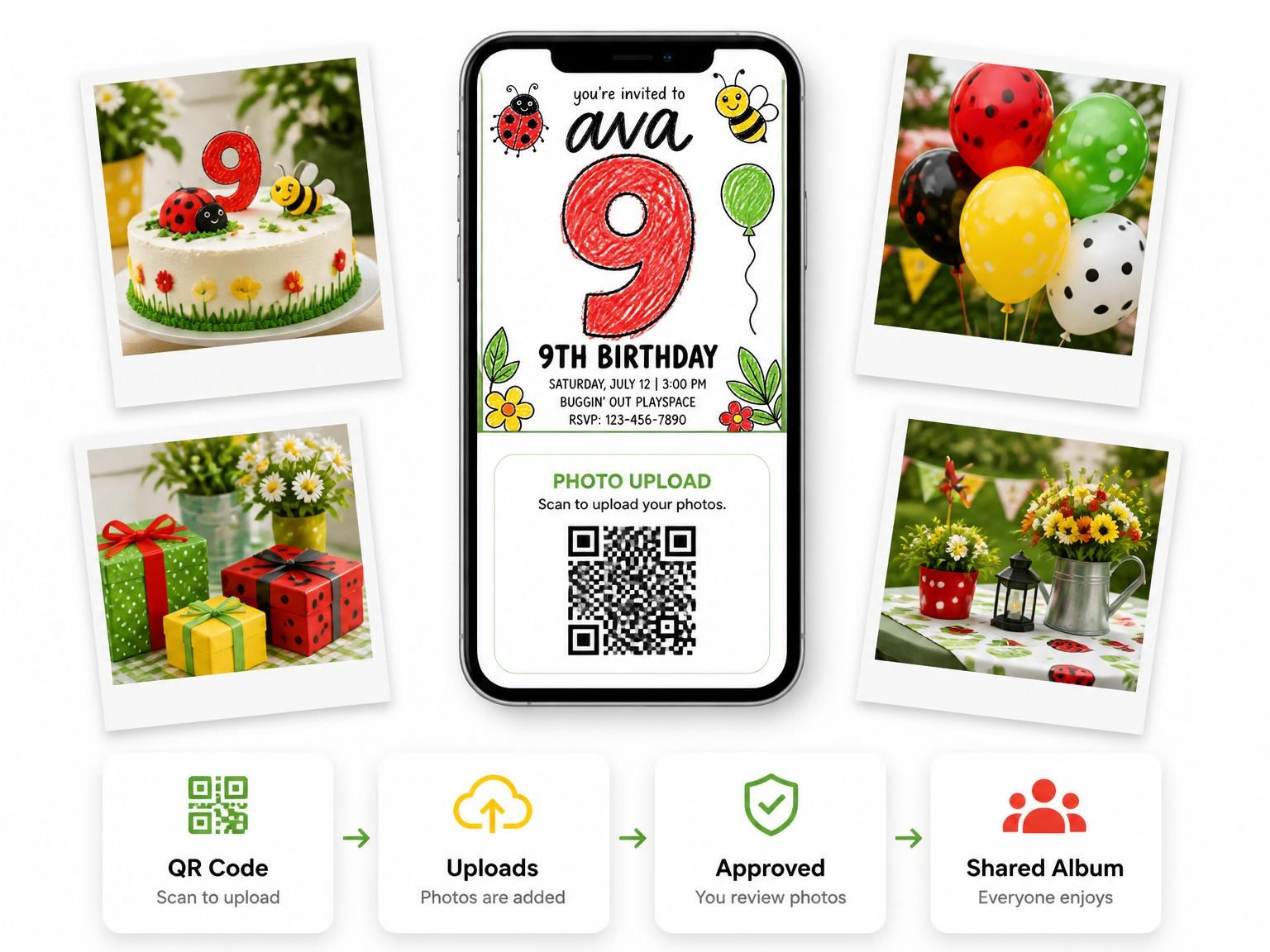 The shared photo gallery that comes with the Crayon Bug Theme 9th Birthday Invitation invitation