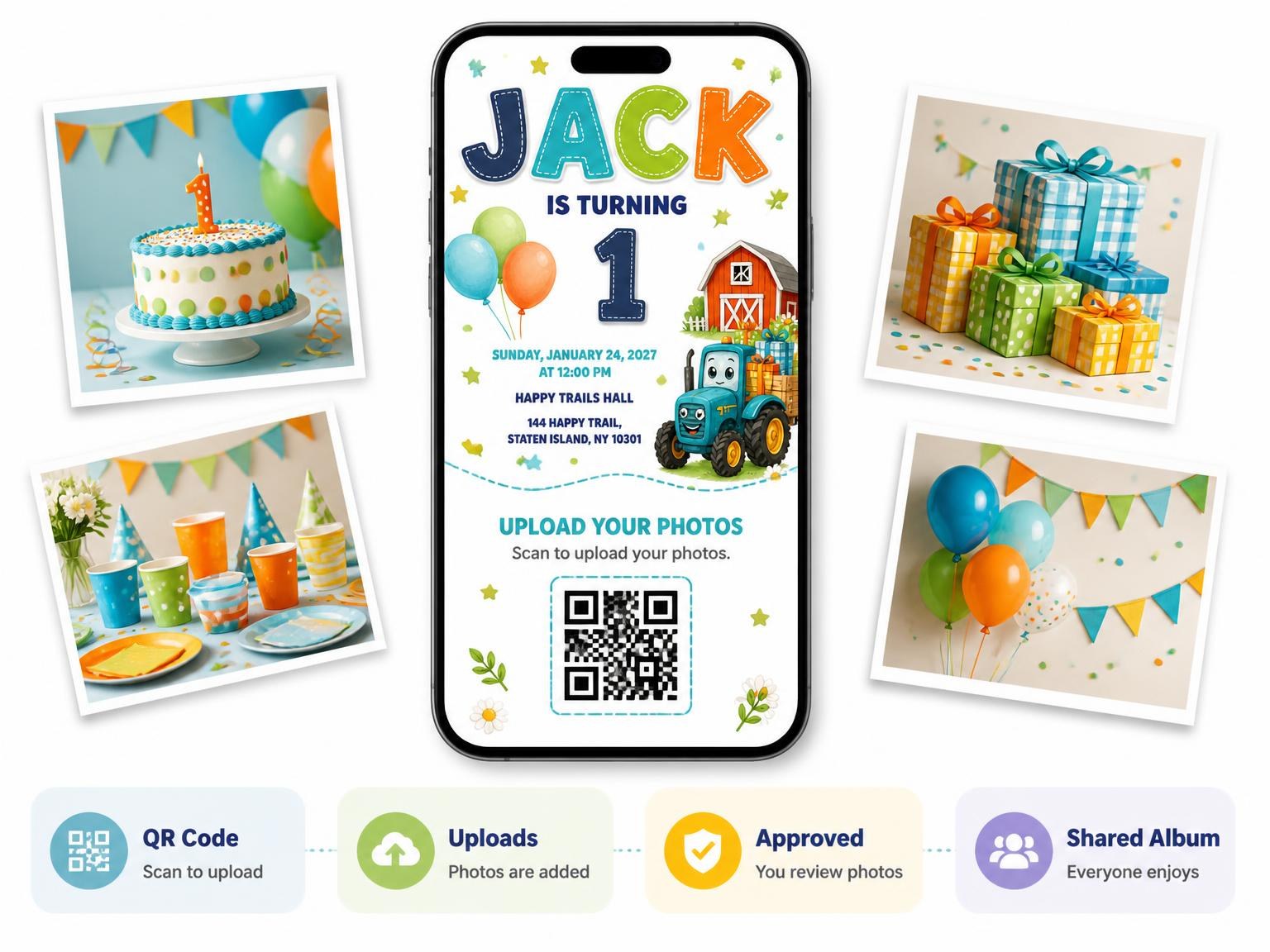 The shared photo gallery that comes with the Tractor Stitched 1st Birthday Invitation invitation