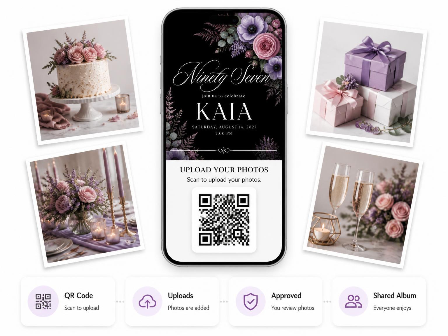 The shared photo gallery that comes with the Black Floral 97th Birthday Invitation invitation